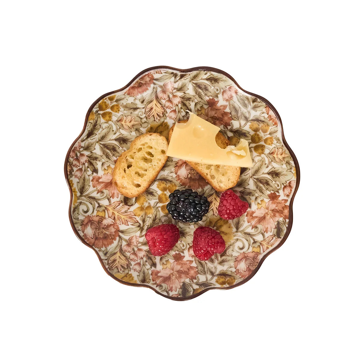 Juliska Willa cocktail plate holding cheese, crostini and berries