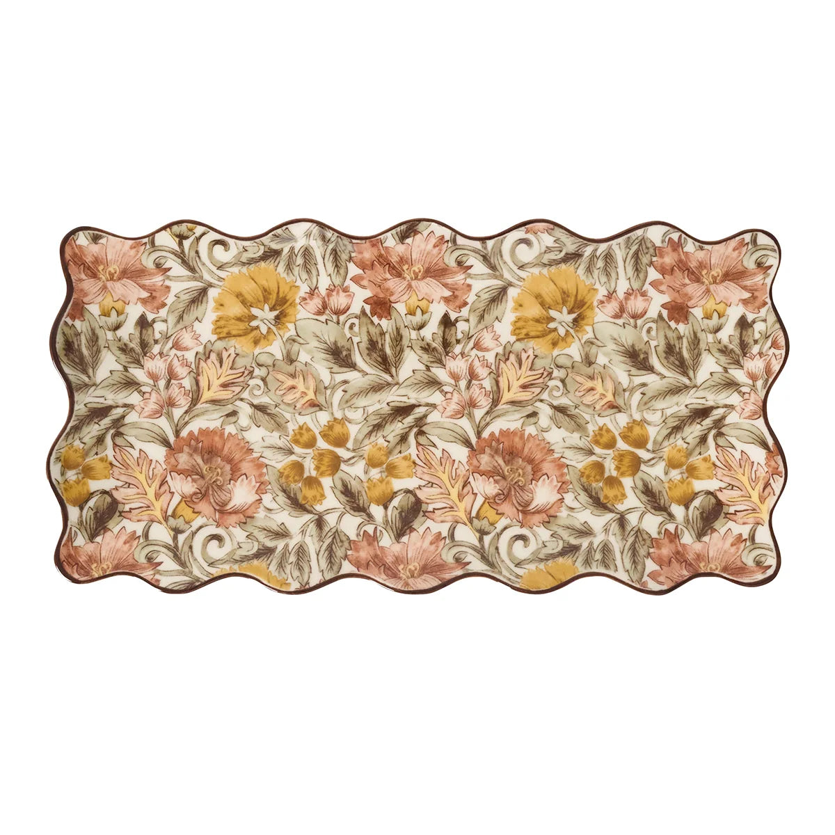 Juliska Willa rectangular hostess tray with a wavy edge and rose and gold florals