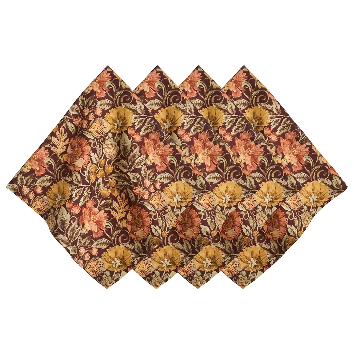 Juliska Willa set of four dinner napkins folded in a row, rust and gold florals on deep brown