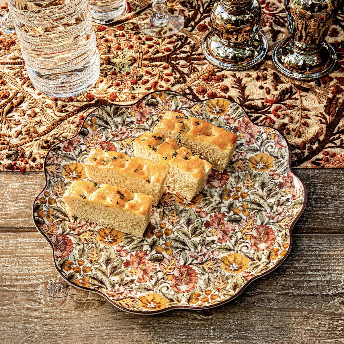 Juliska Willa platter of focaccia squares on a wooden table