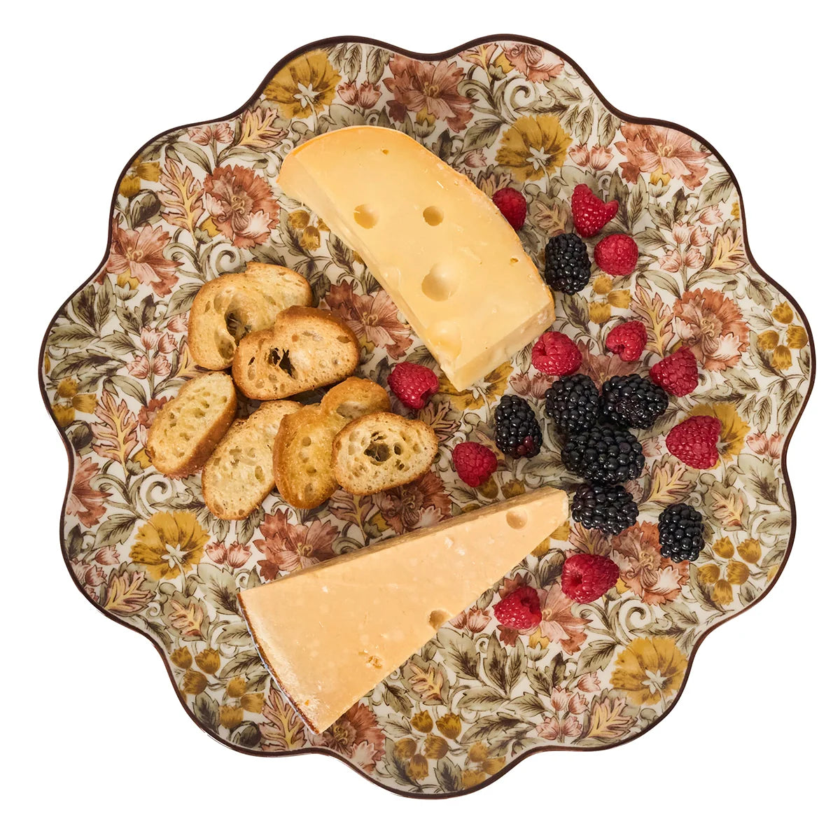 Juliska Willa round scalloped platter with cheese, crostini and fresh berries