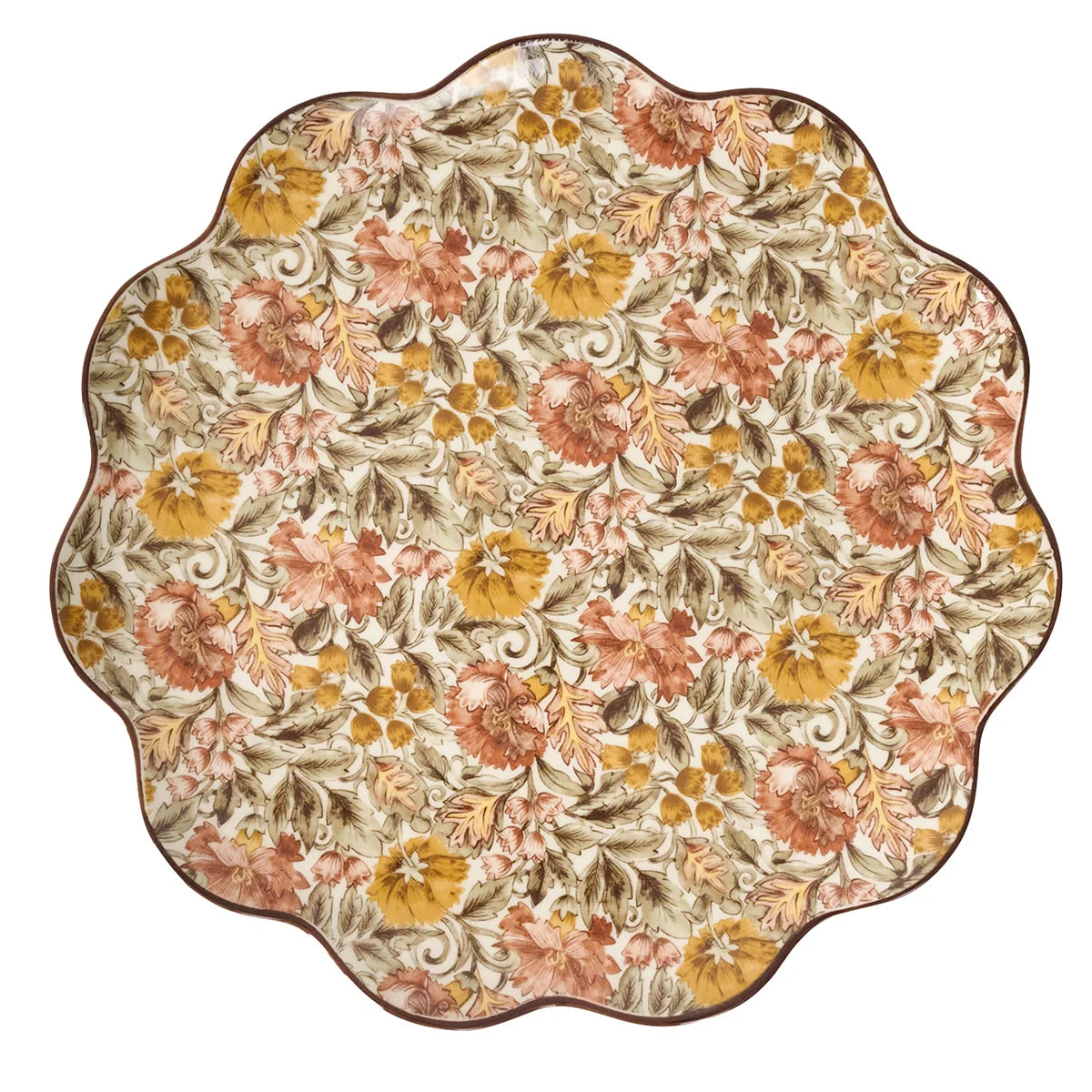 Juliska Willa round scalloped platter with an all-over floral of rose, gold and olive