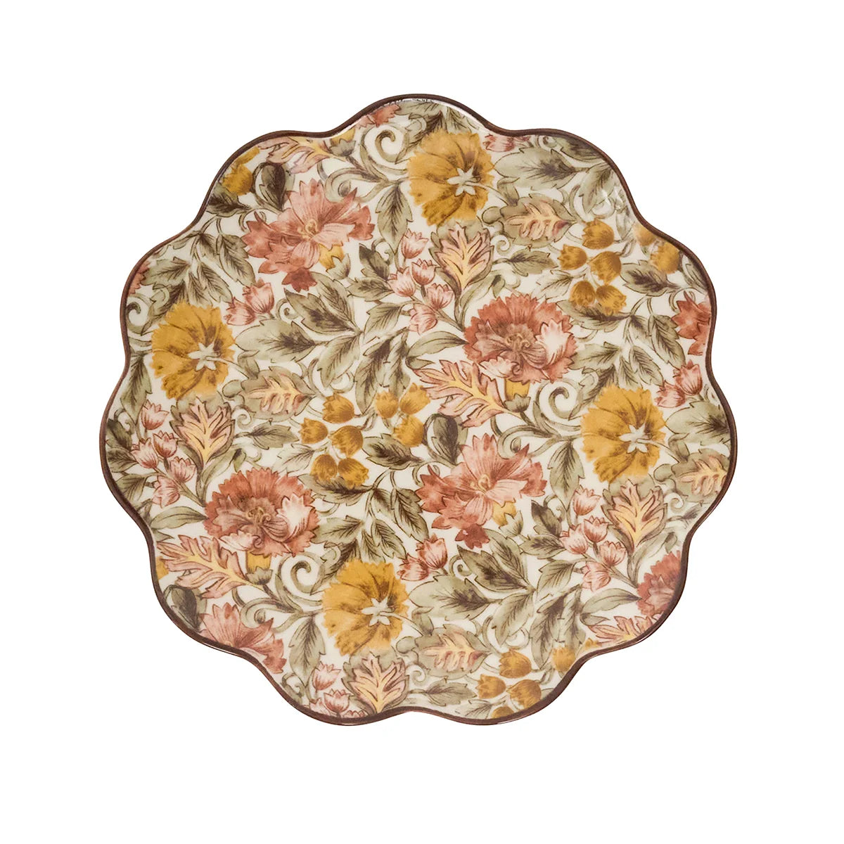 Juliska Willa scalloped salad plate with rose and golden blooms on an ivory ground