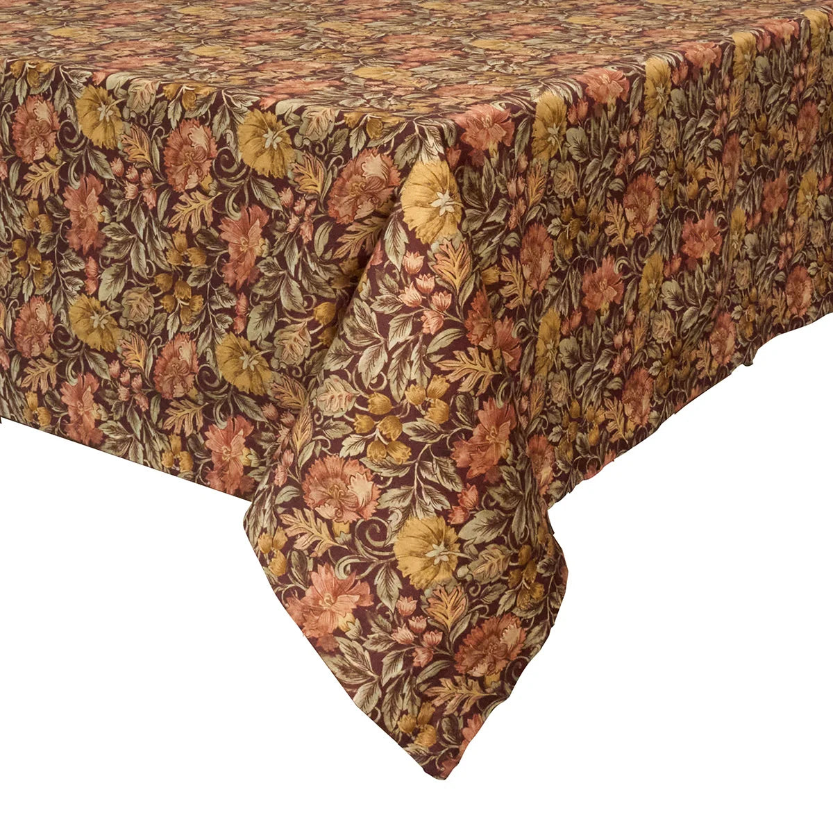 Juliska Willa tablecloth draped over a table corner, rust and gold florals on deep brown