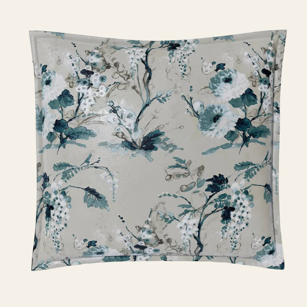 Ann Gish Jardin Fleur sham in sage with teal and white watercolor floral print.