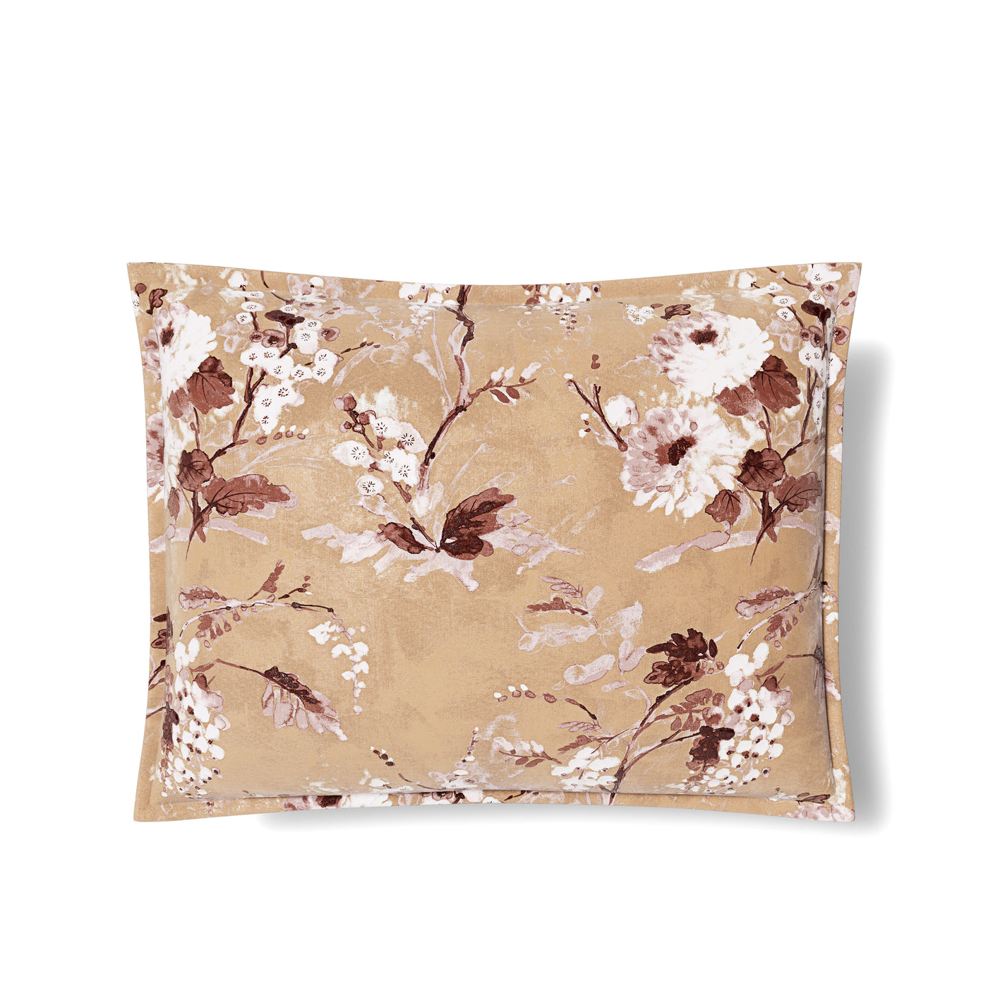 Close-up of Ann Gish Jardin Fleur sham in camel with white and burgundy floral print.