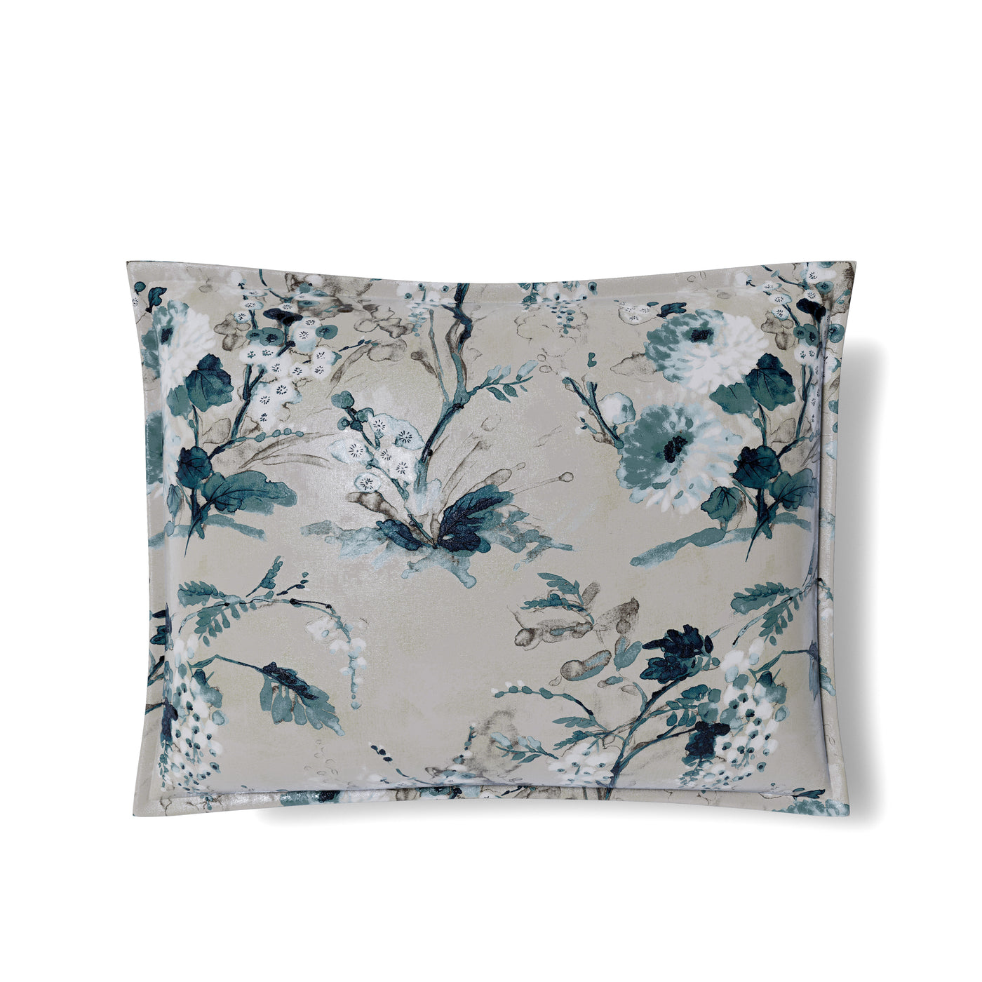Close-up of Ann Gish Jardin Fleur sham in teal and grey watercolor floral print.