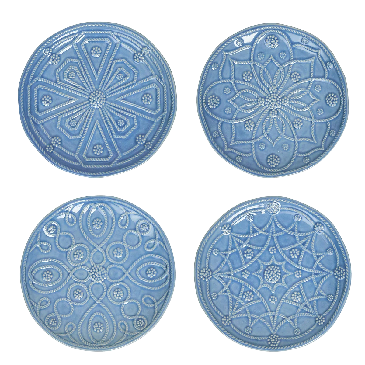 Four Juliska cornflower blue ceramic cocktail plates showing assorted embossed medallion patterns.