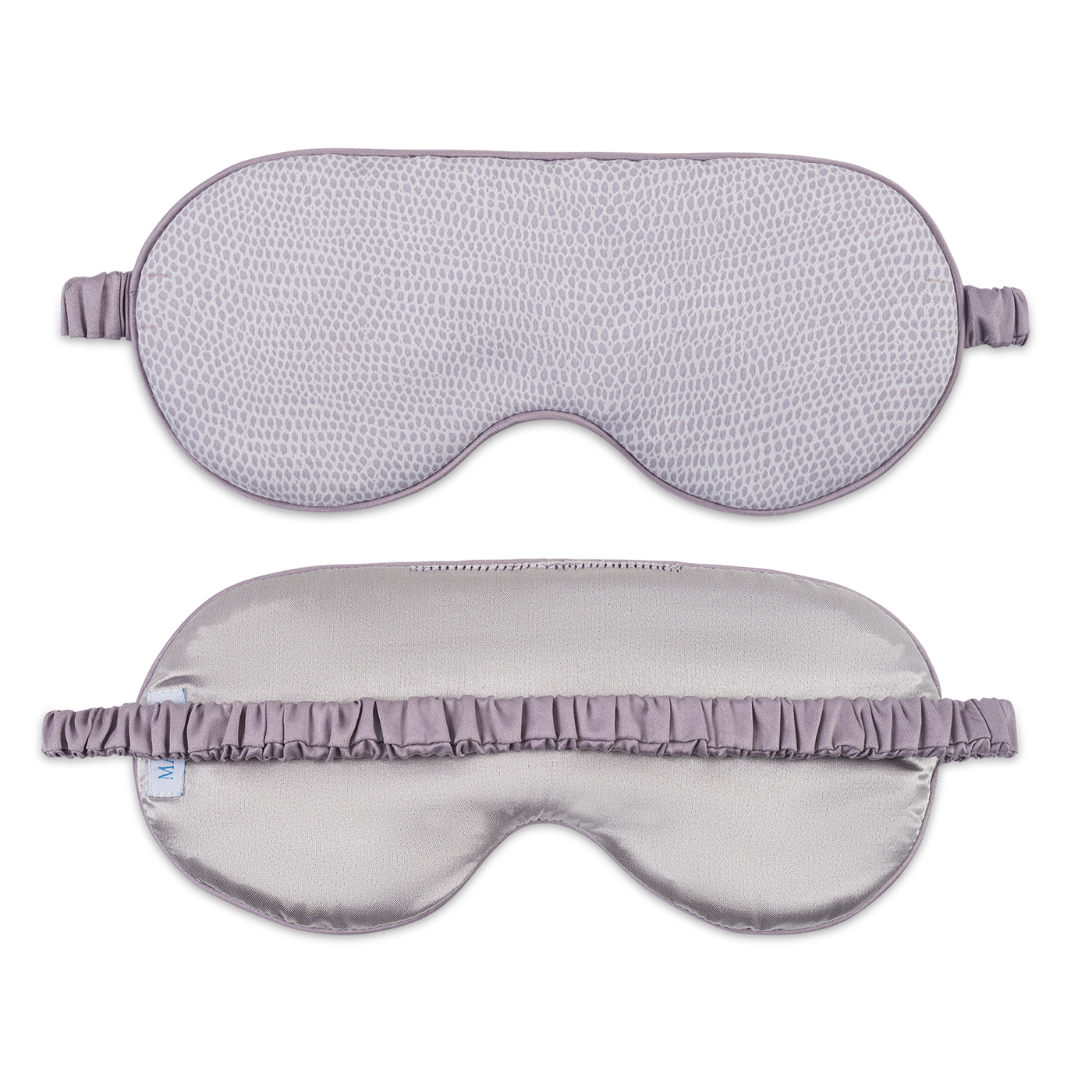 Matouk Jasper sleep mask front and back views in lavender, showing textured and satin sides.