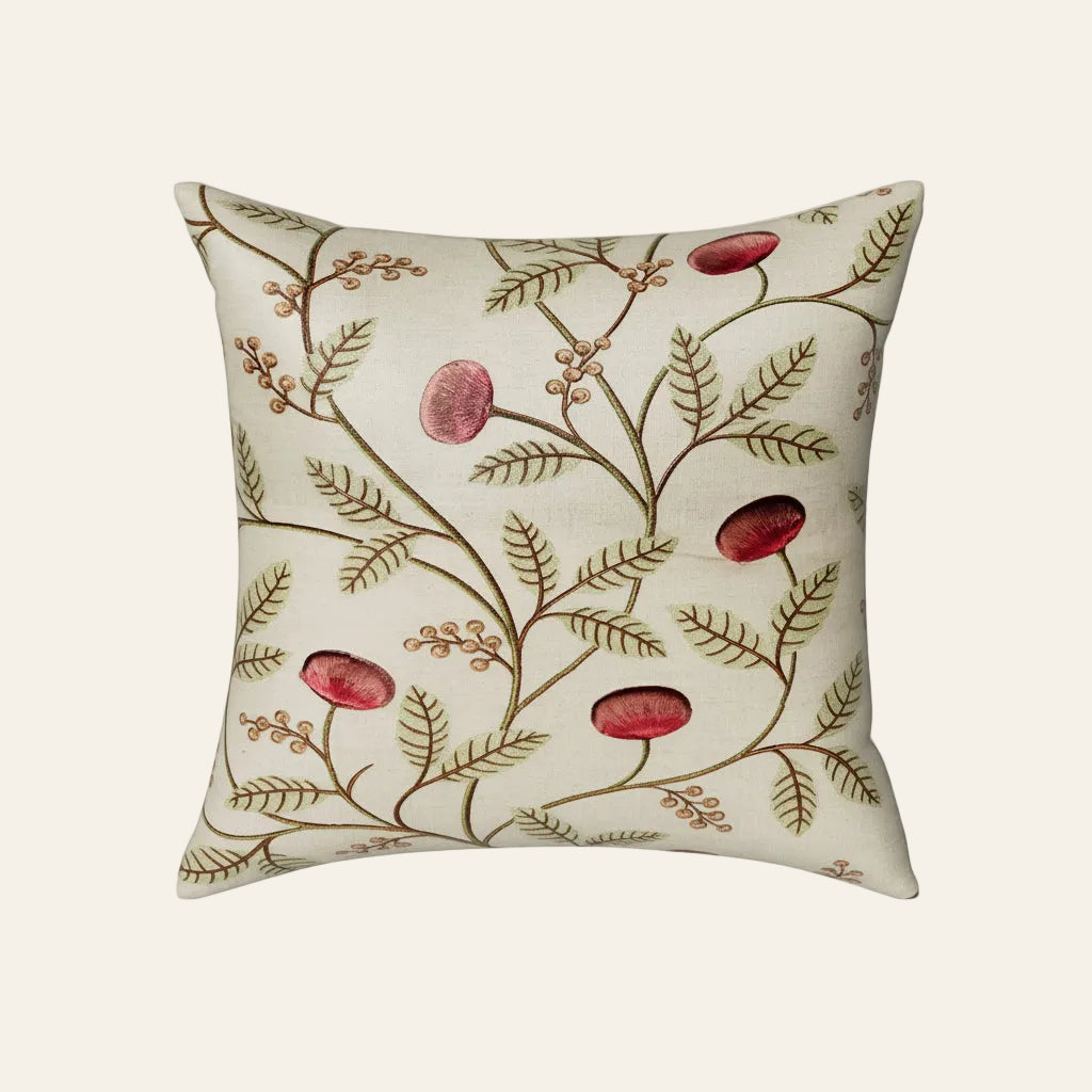 Ann Gish Joliet pillow in ivory with red berry and olive branch embroidery pattern.