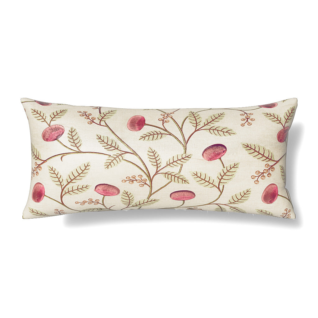 Ann Gish Joliet lumbar pillow, ivory with crimson botanical mushroom and fern embroidery.
