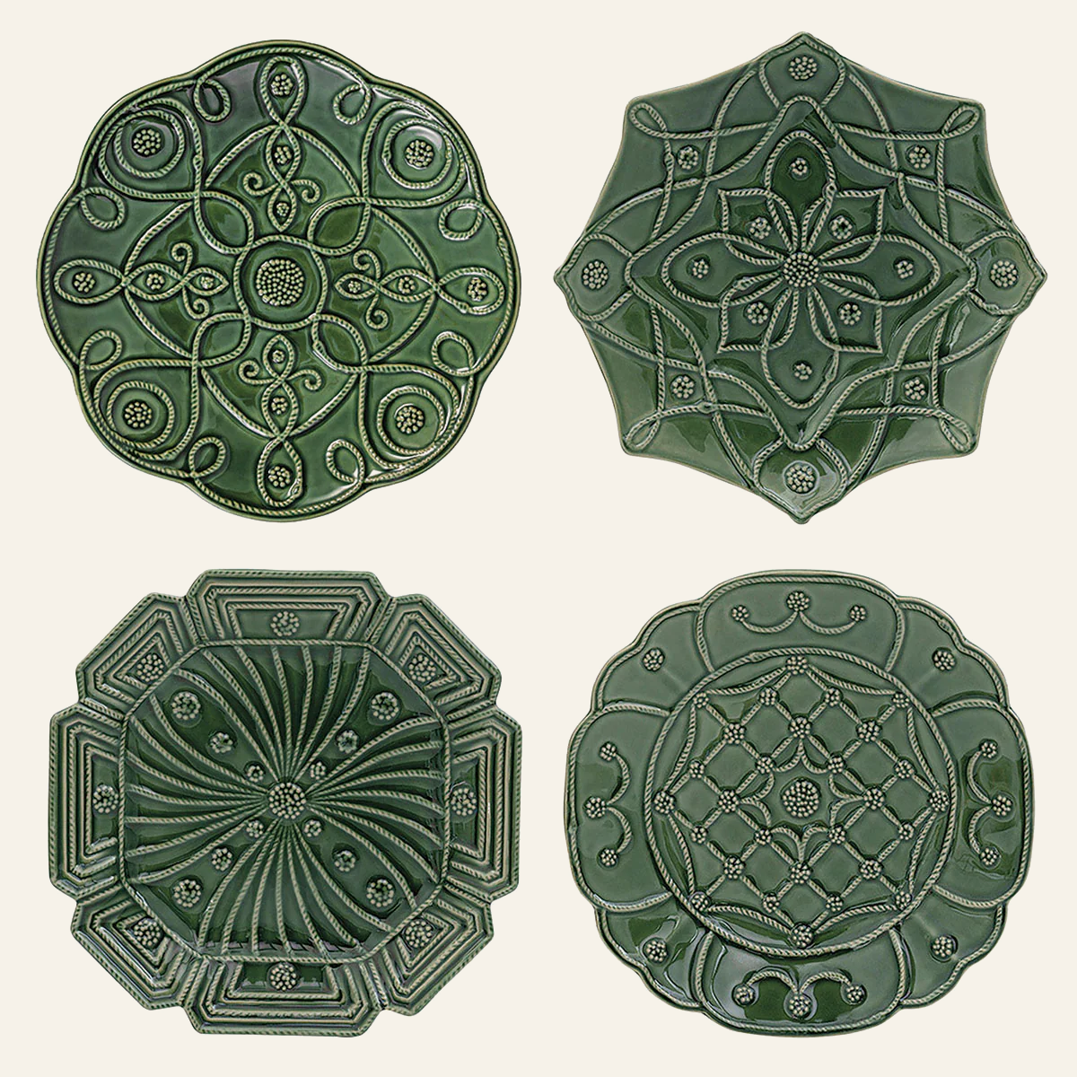 Juliska Jardins Du Monde forest green embossed ceramic dessert plates, set of four patterns.