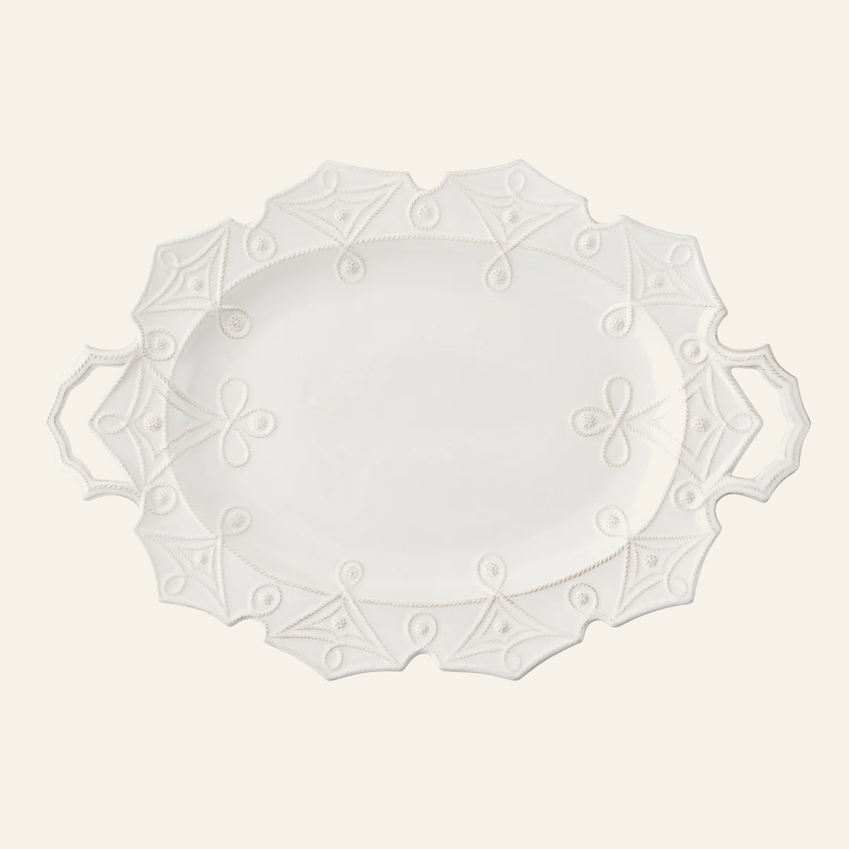 Juliska Jardins du Monde ivory ceramic handled platter with ornate embossed border detail.