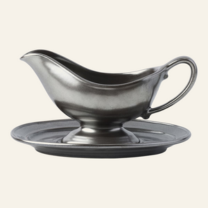 Photo of the Pewter Stoneware | Sauce Boat and Stand Set ensemble.