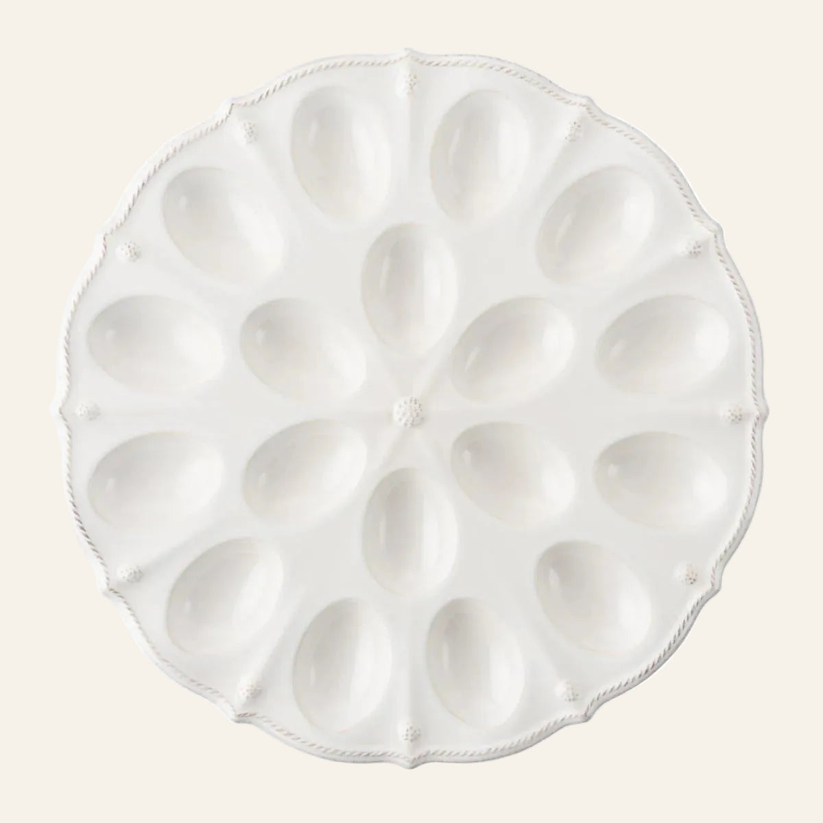 Juliska Berry & Thread white ceramic deviled egg platter with scalloped beaded rim.