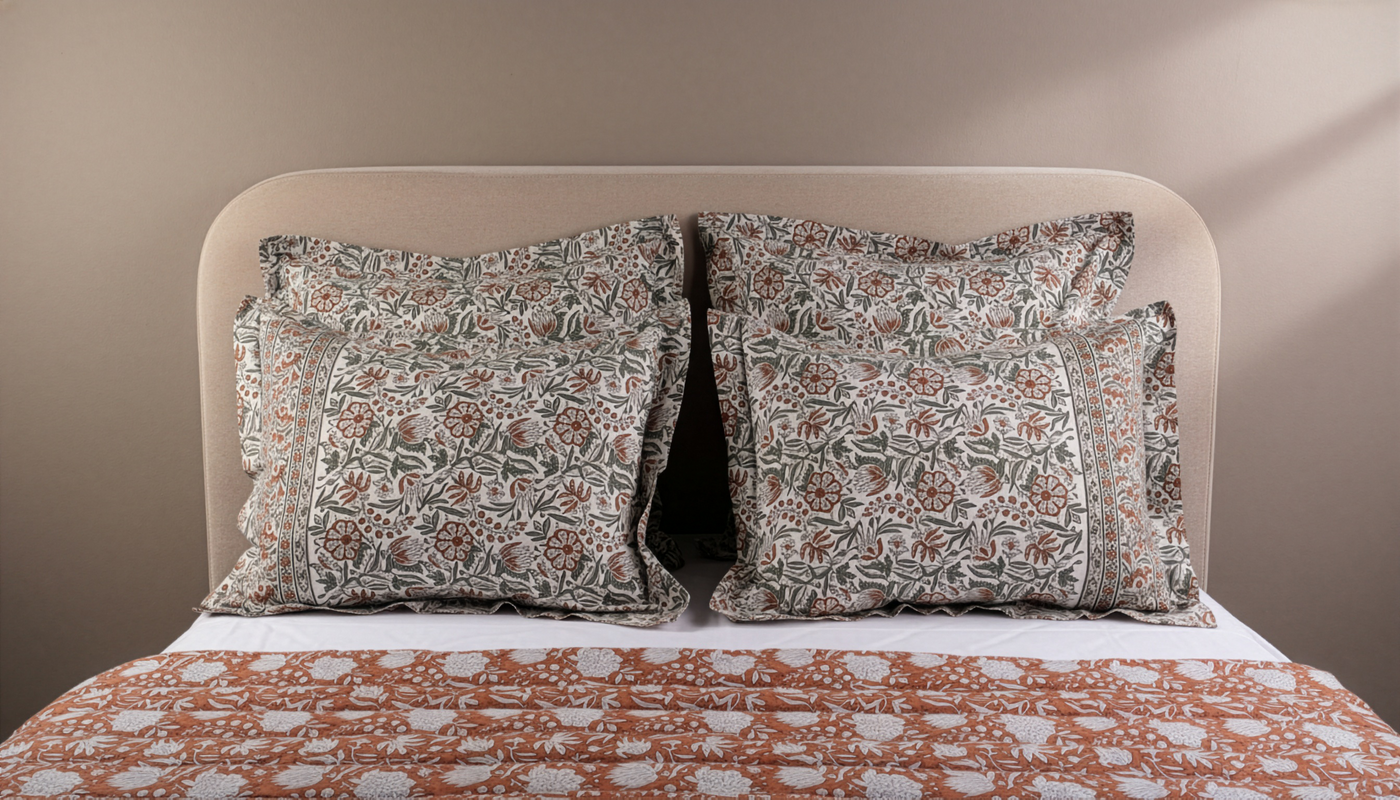 Close-up of two Henry Handwork Kyoto floral block-print pillows in sage and terracotta.