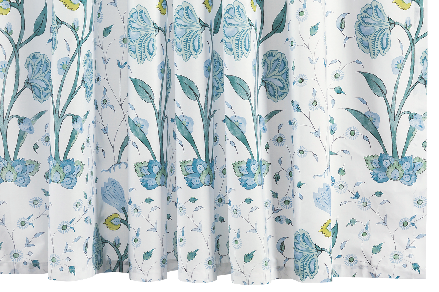 Matouk Khilana shower curtain in white cotton with blue and teal floral botanical print.