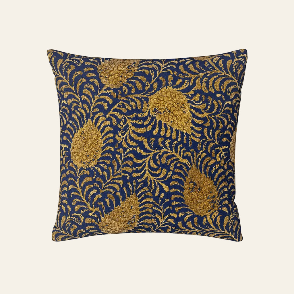 Ann Gish Kinrande euro sham in navy with gold embroidered botanical motifs.