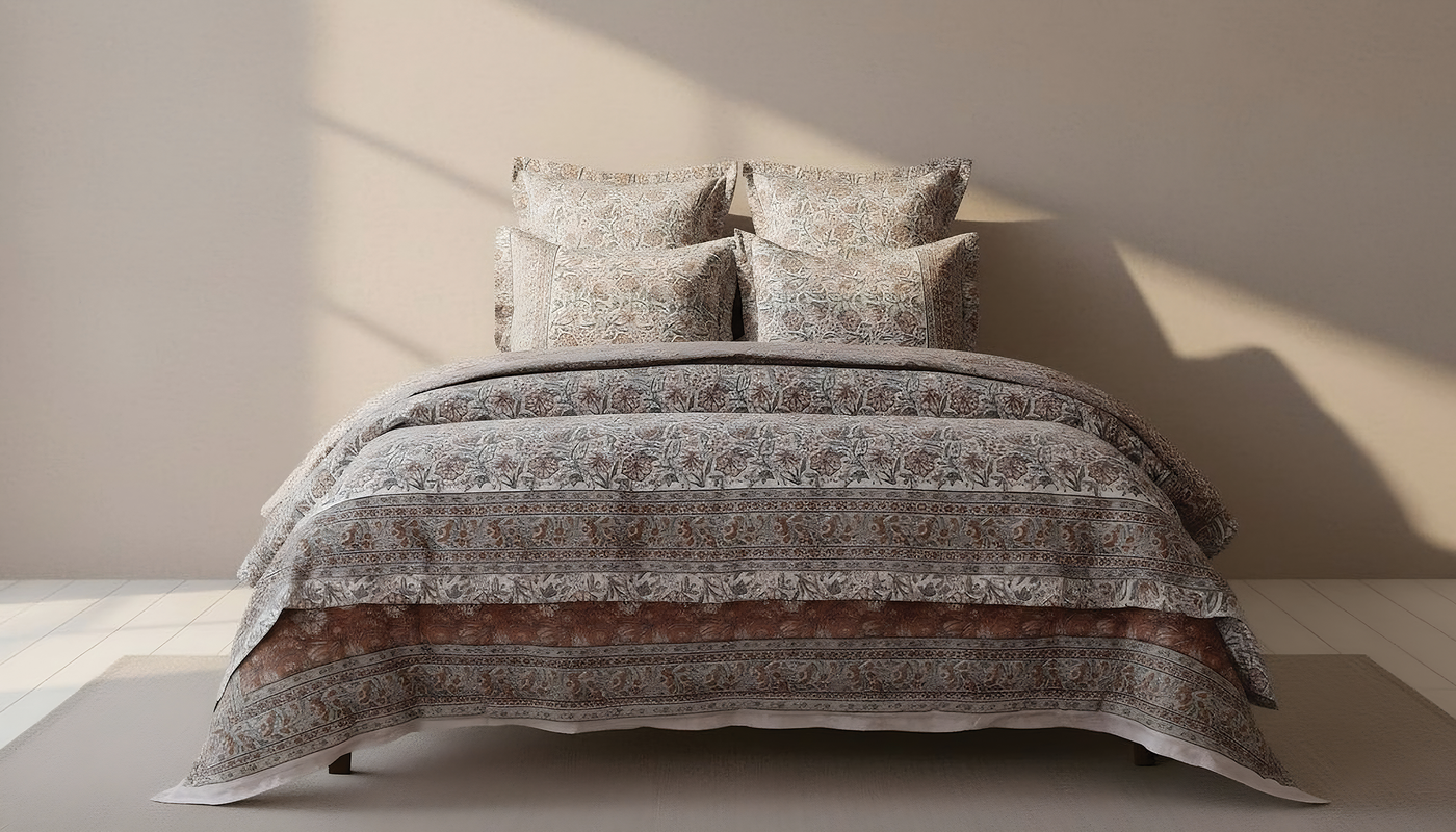 Henry Handwork Kyoto bedding set in taupe and rust floral block print on a made bed.