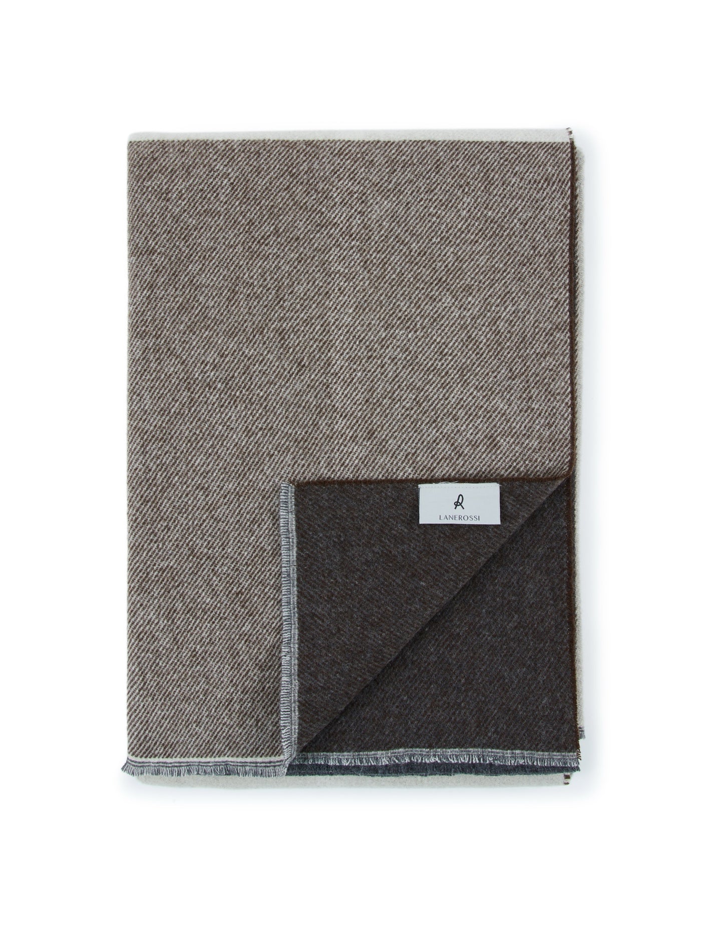 Lanerossi Ascot throw folded to reveal mocha and dark espresso reversible herringbone weave.