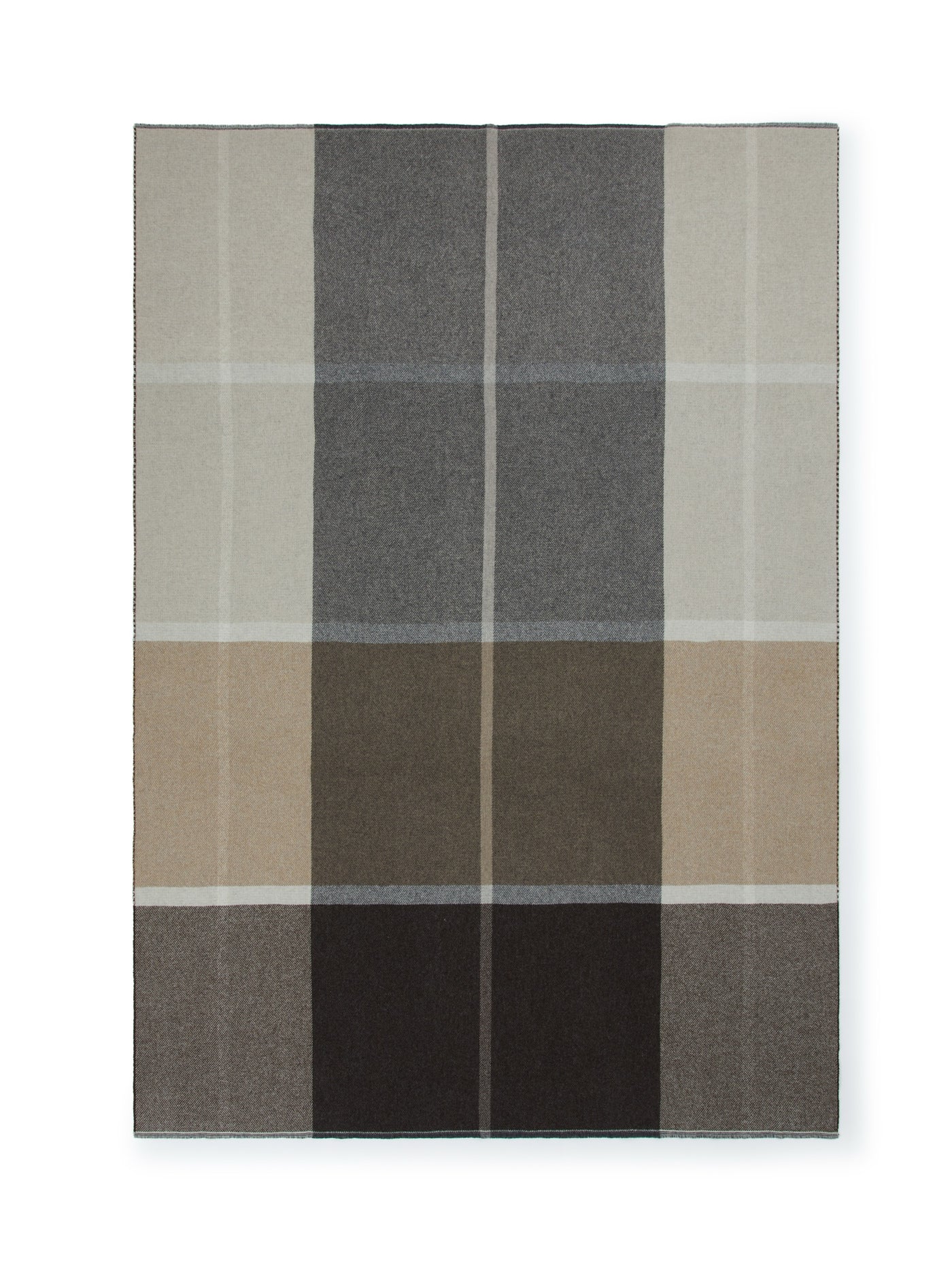 Lanerossi Ascot throw flat lay showing bold taupe, charcoal, and ivory plaid pattern.