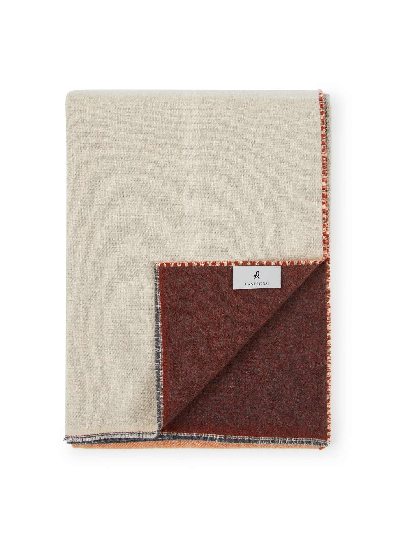 Corner fold detail revealing burgundy reverse on Lanerossi Ascot throw with contrast blanket-stitch edge.
