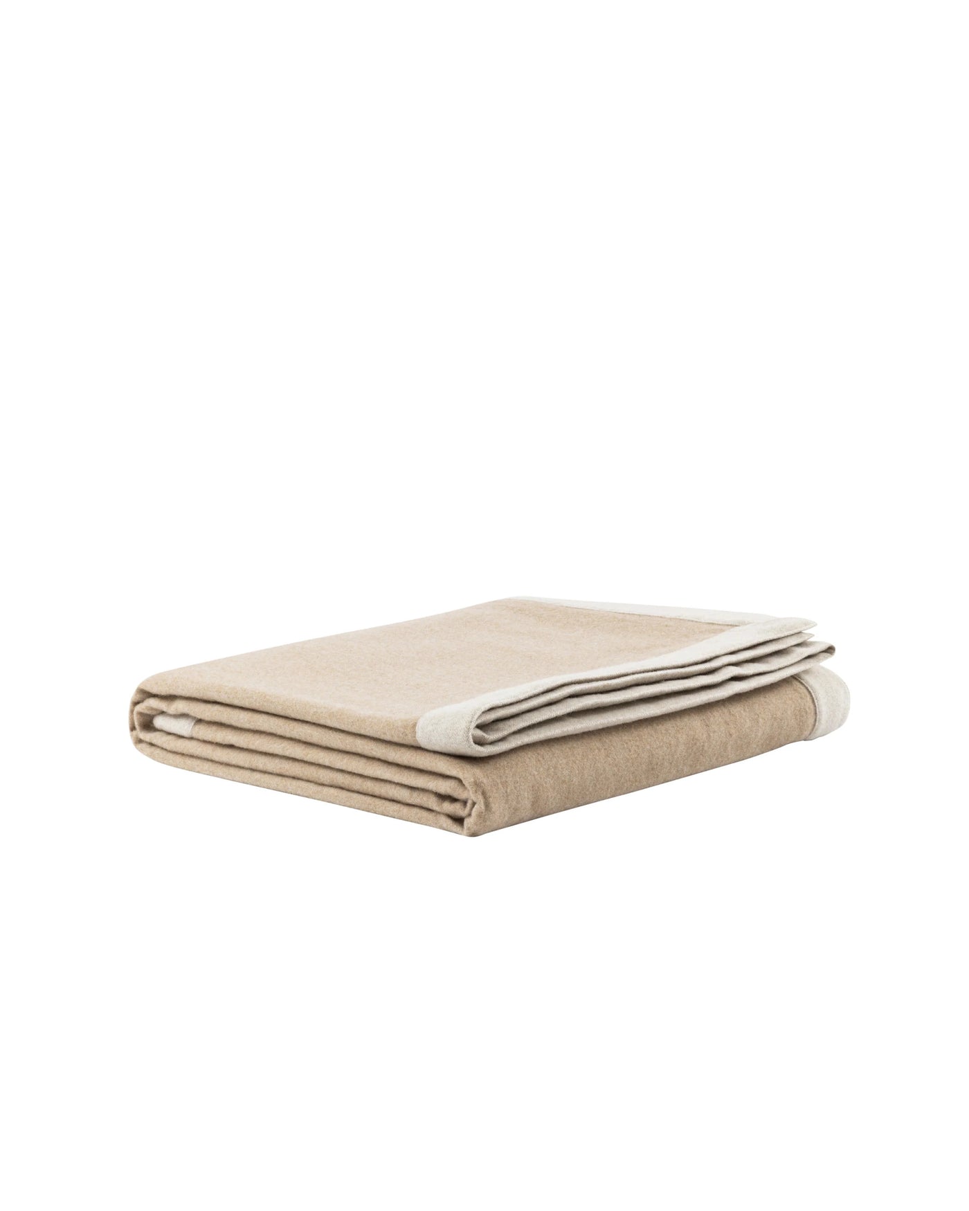 Lanerossi Afrodite blanket folded, showing sand body with ivory border trim.