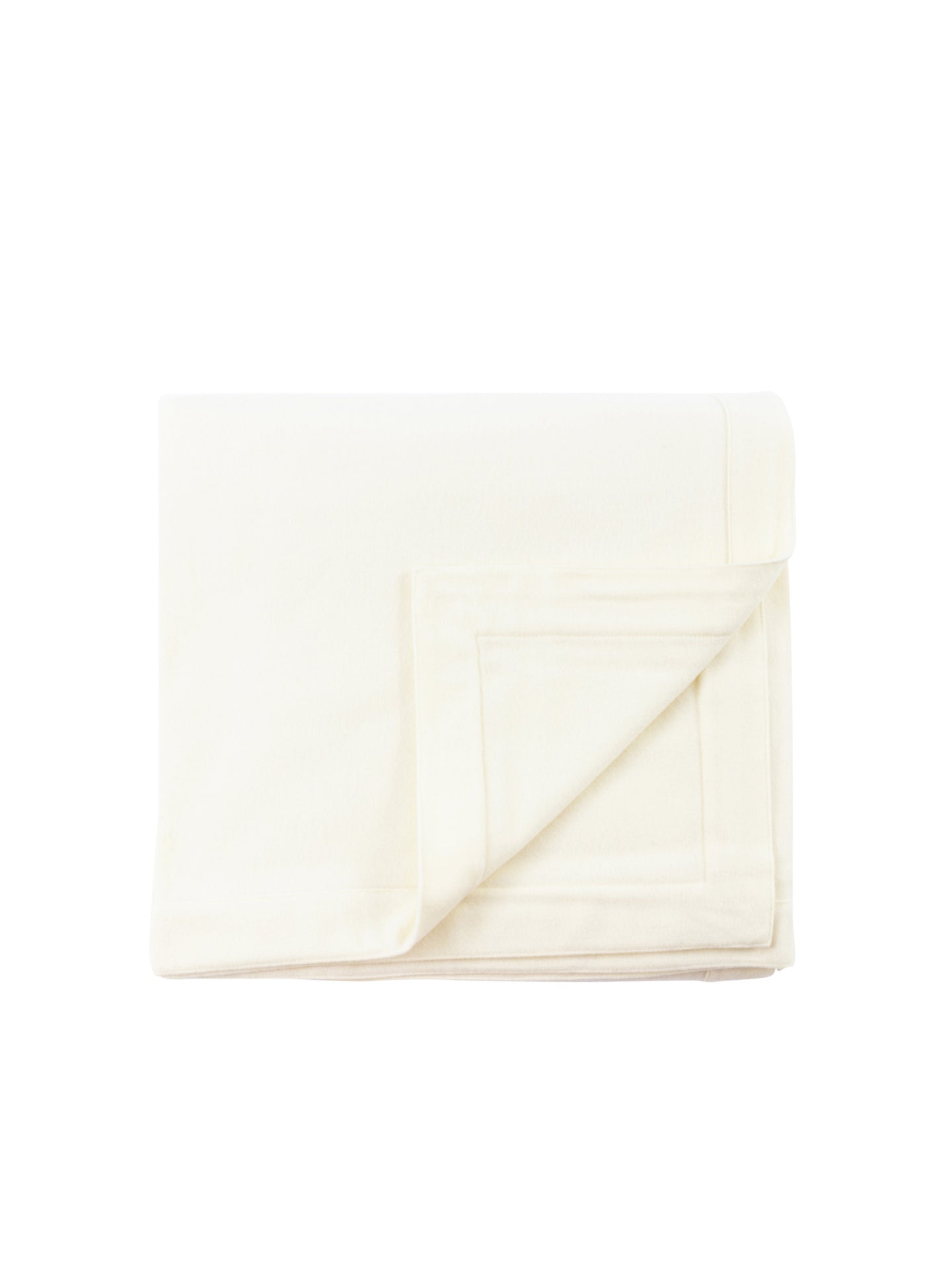 Ivory wool blanket folded flat, showing mitered corner hem detail.