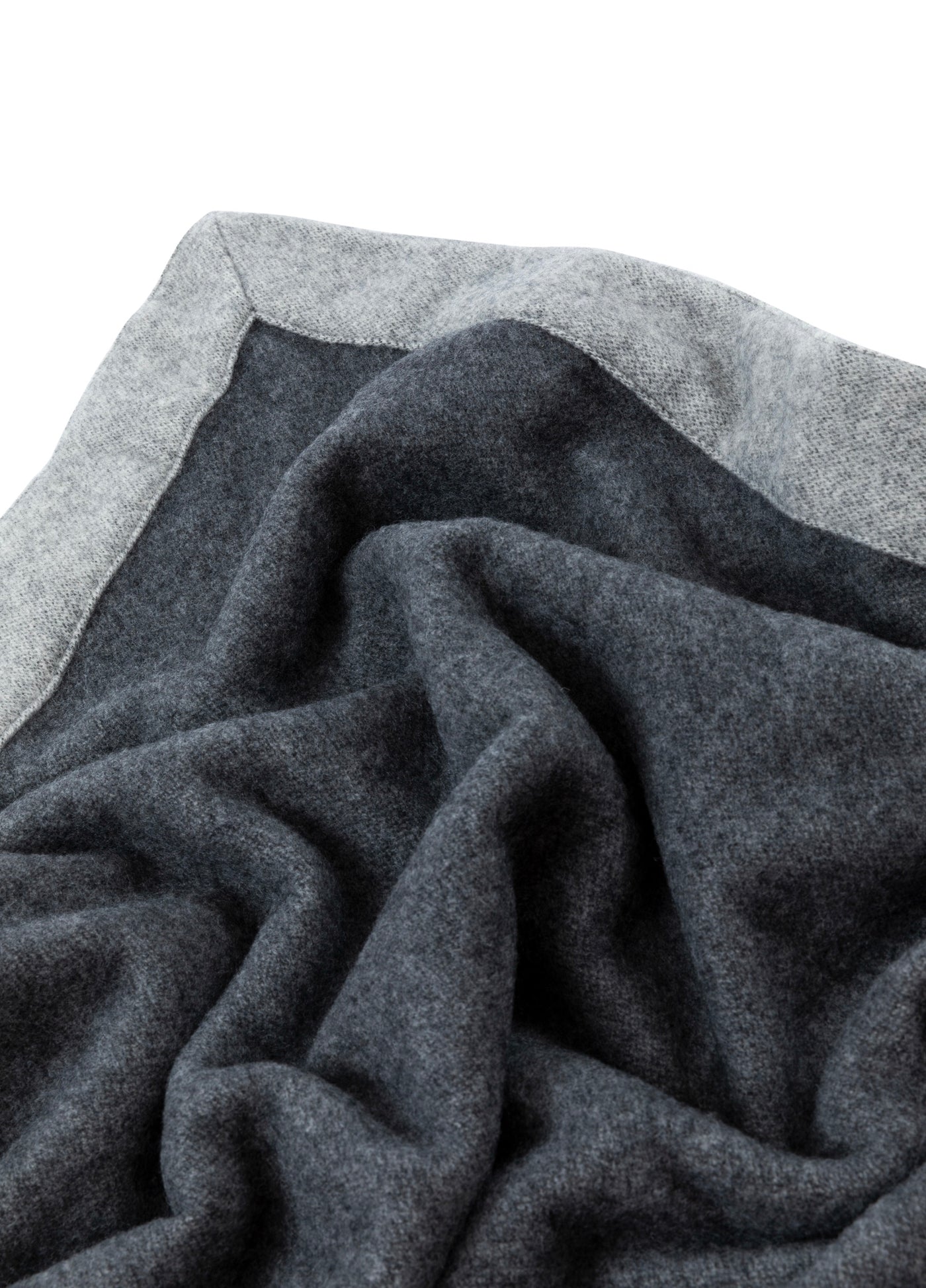 Charcoal wool blanket draped to show light grey border trim detail.