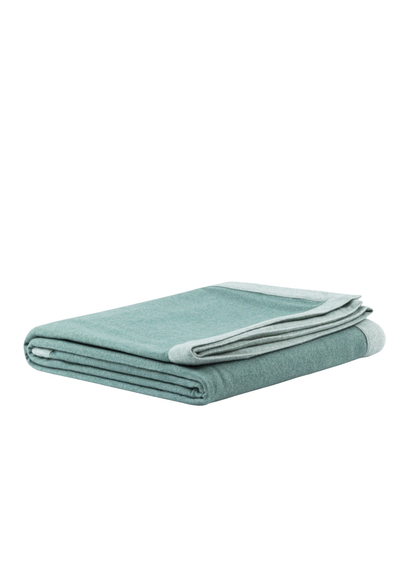 Lanerossi Afrodite blanket folded, seafoam with contrast silver-grey border detail.