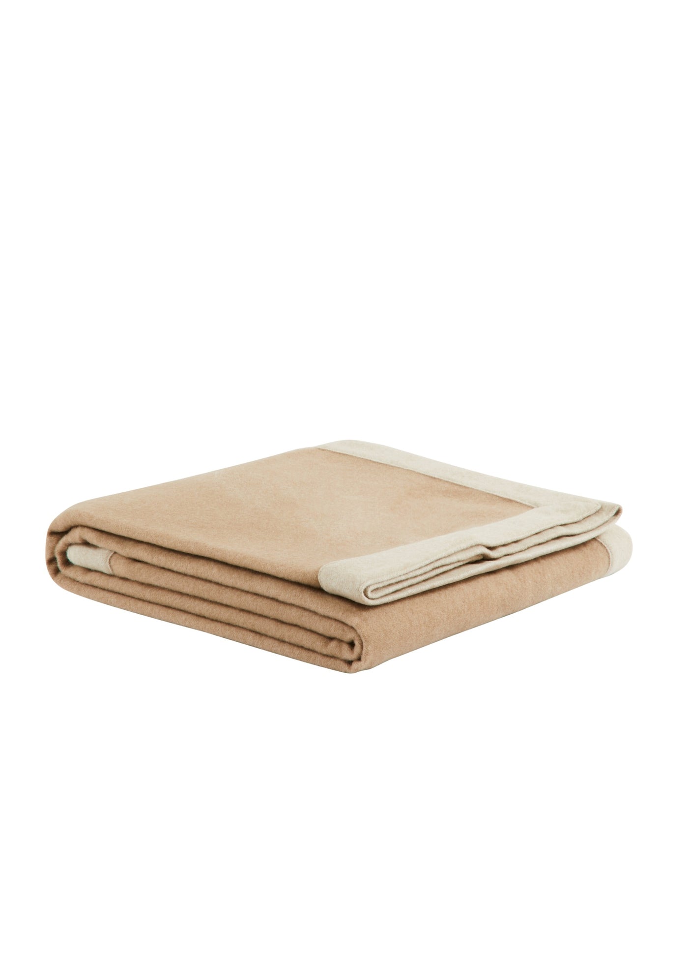 Folded camel wool blanket with ivory border trim, product shot on white background.