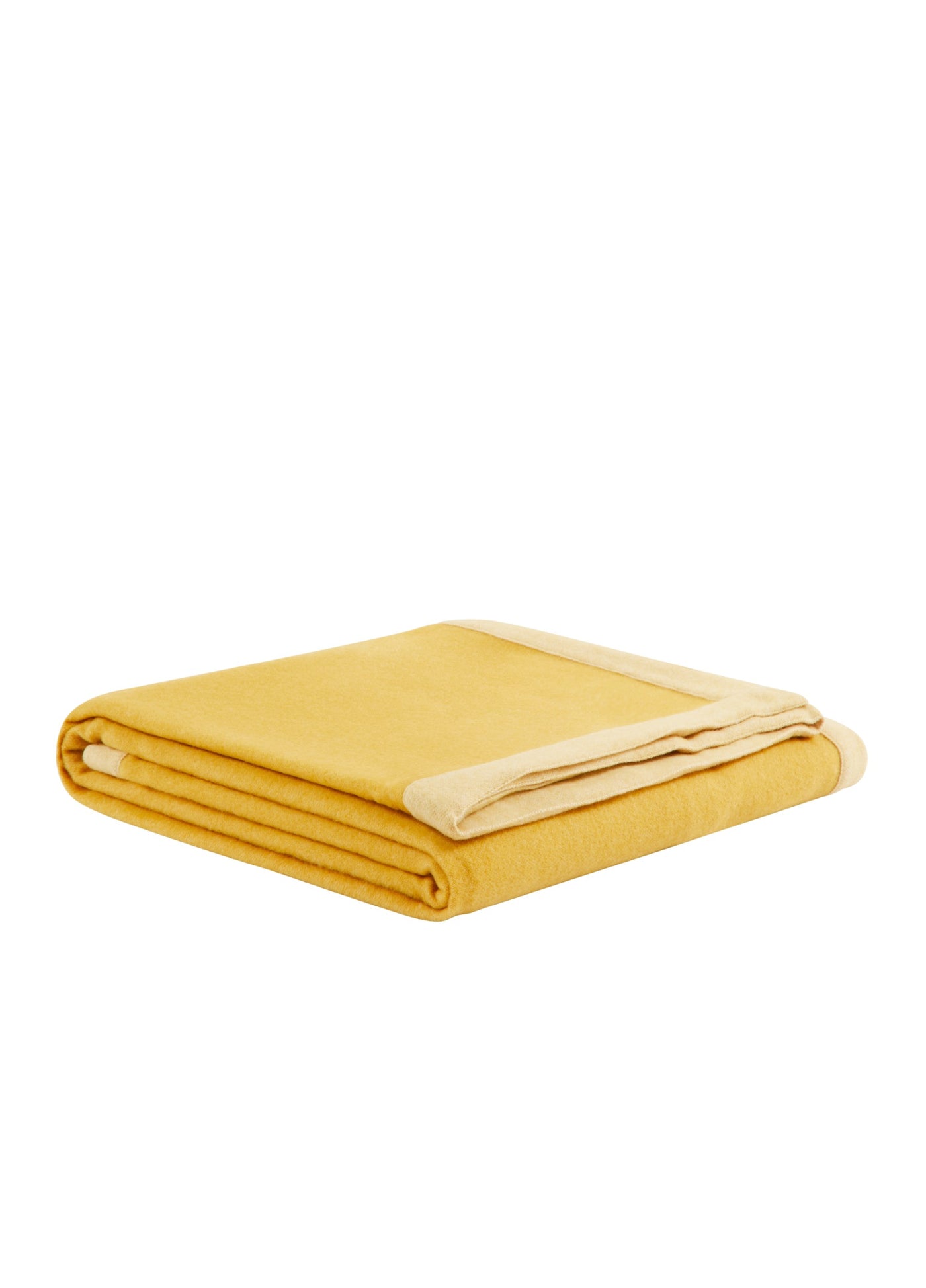 Afrodite blanket folded neatly, mustard yellow with contrast ivory border detail.