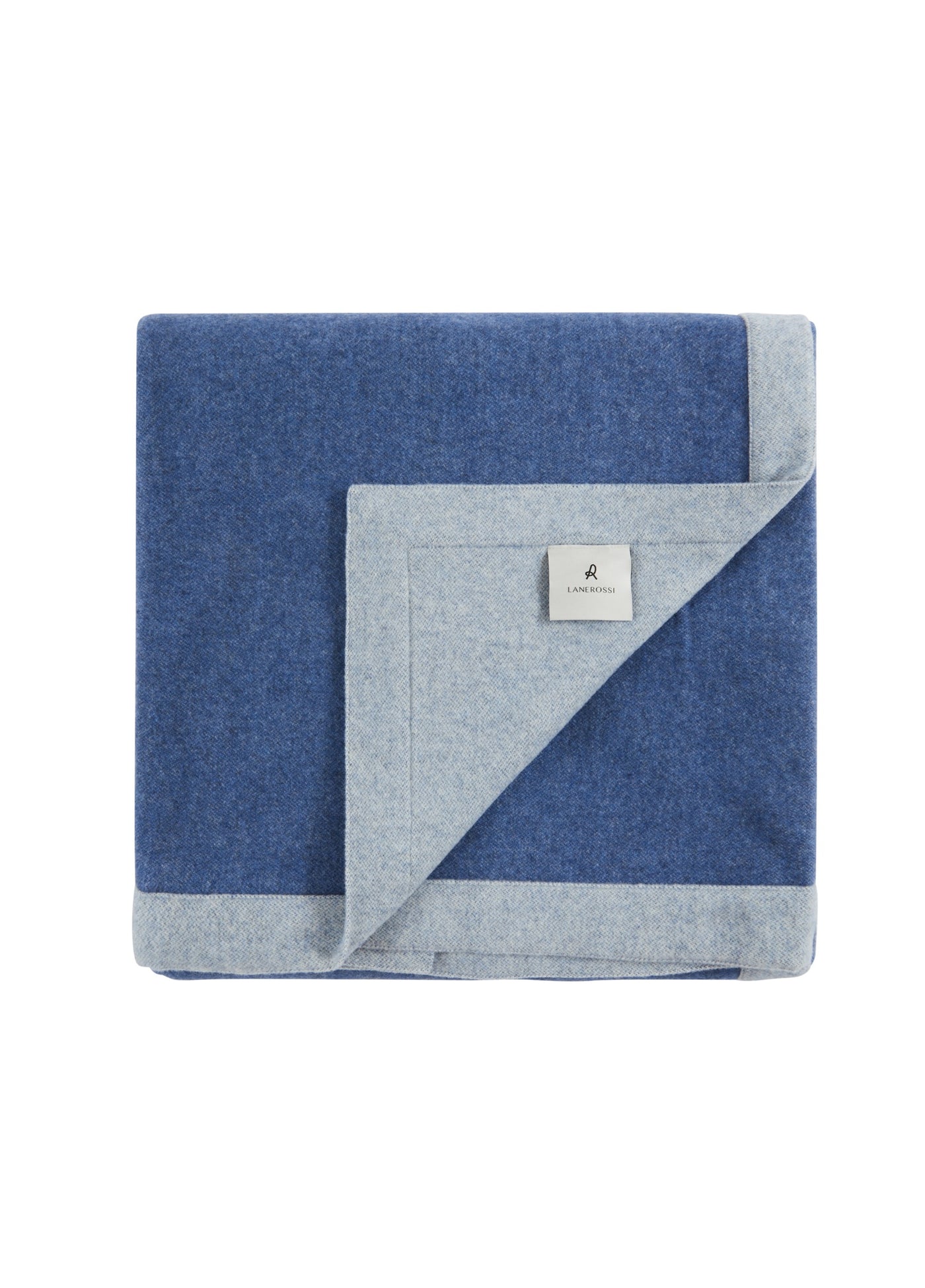 Lanerossi Afrodite blanket folded, revealing cobalt and pale grey reversible wool sides.