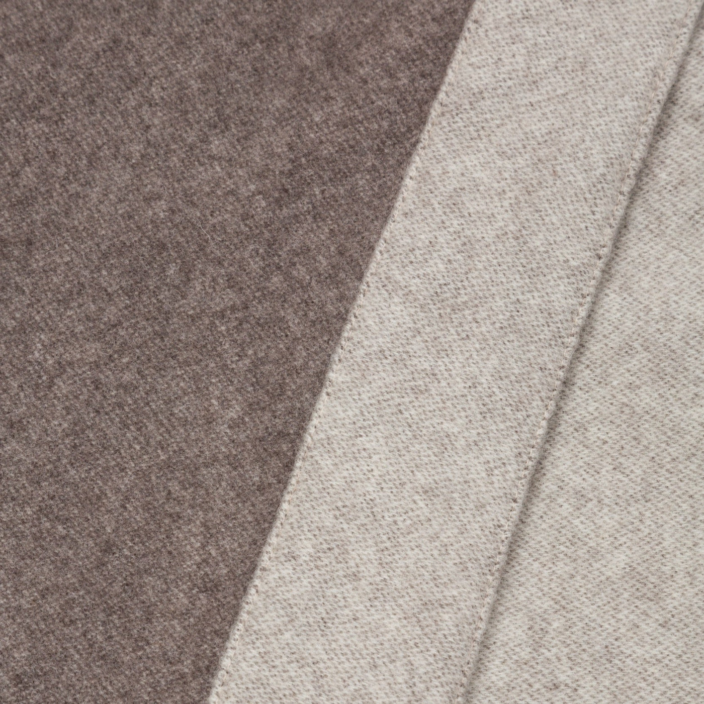 Close-up of Lanerossi Afrodite blanket fabric in taupe and oatmeal colorways side by side.