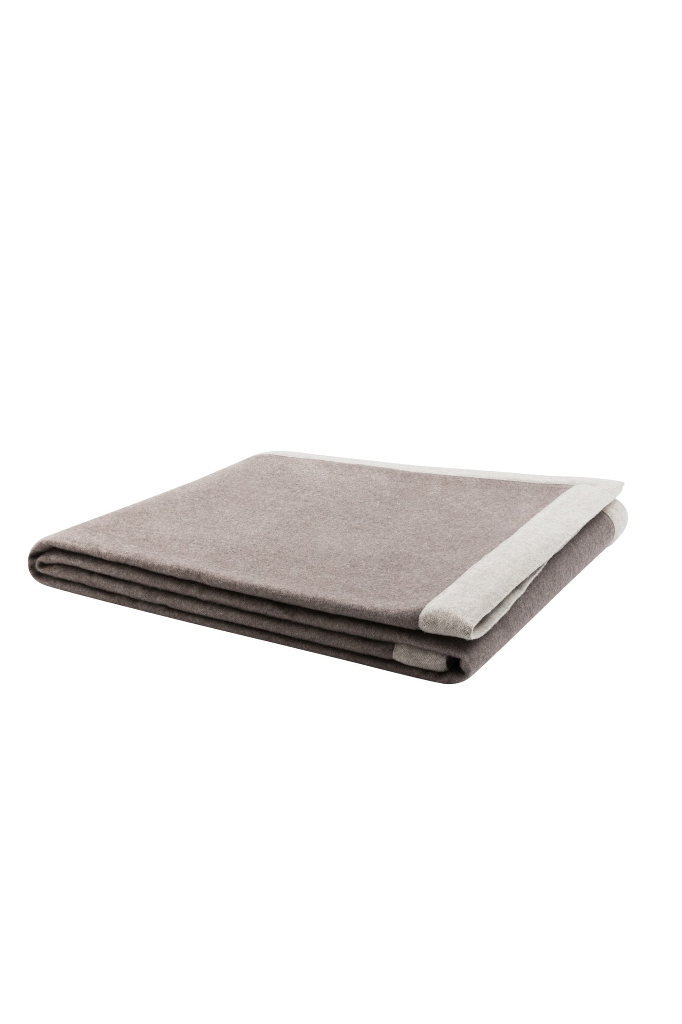 Taupe folded blanket with ivory border, showing neatly stacked layers on white background.