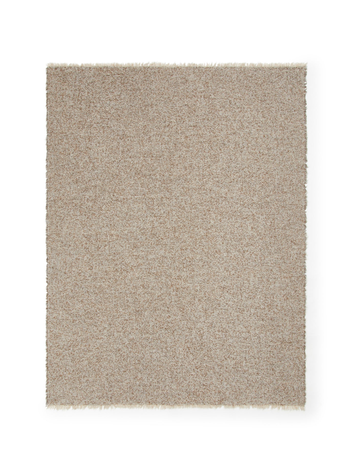 Lanerossi Bogotà throw in oatmeal boucle weave with fringe edges, flat lay.