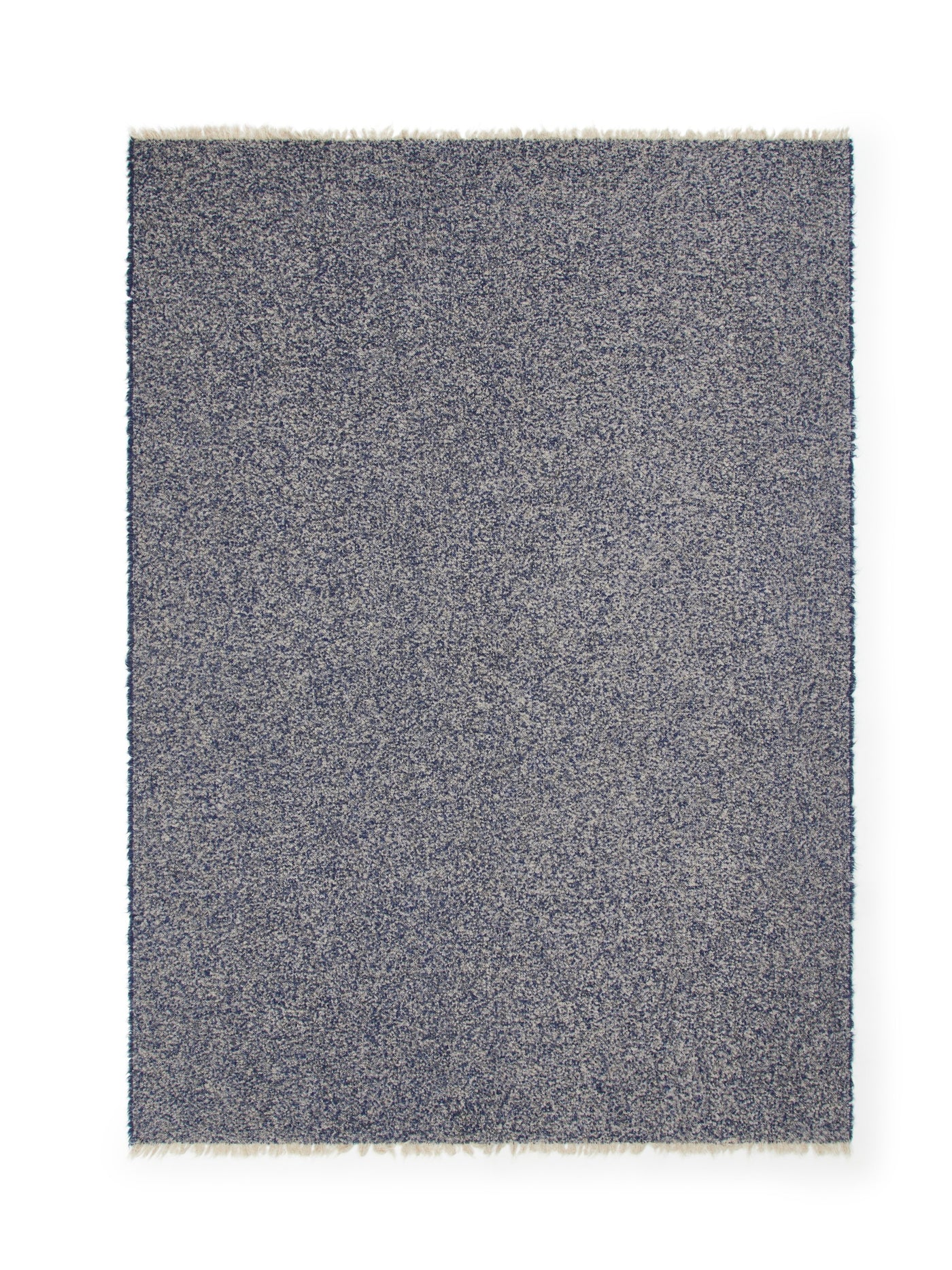 Lanerossi Bogotà throw in navy melange weave, ivory fringe trim, flat lay view.