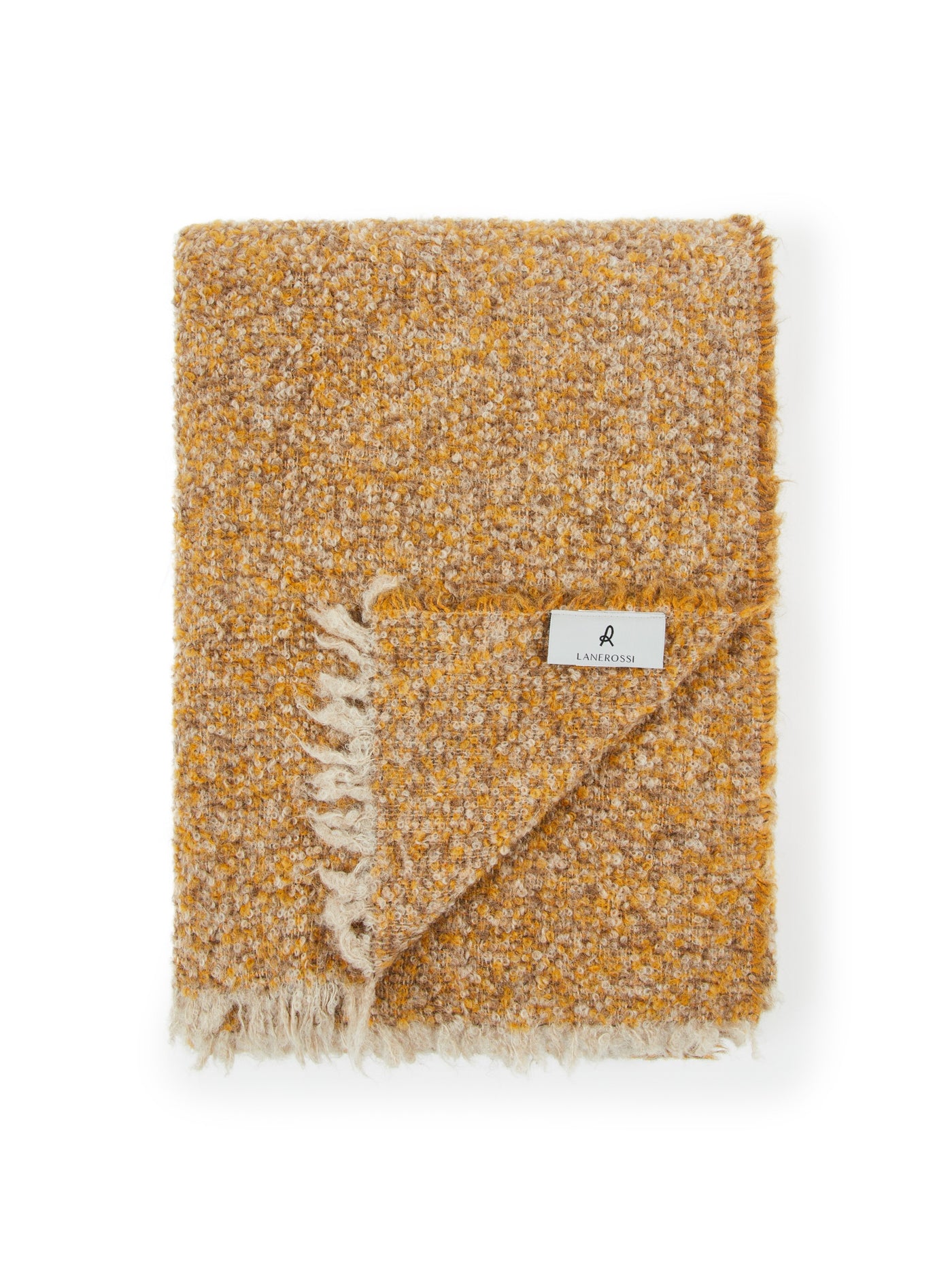 Lanerossi Bogotà throw folded, mustard boucle weave with cream fringe trim.