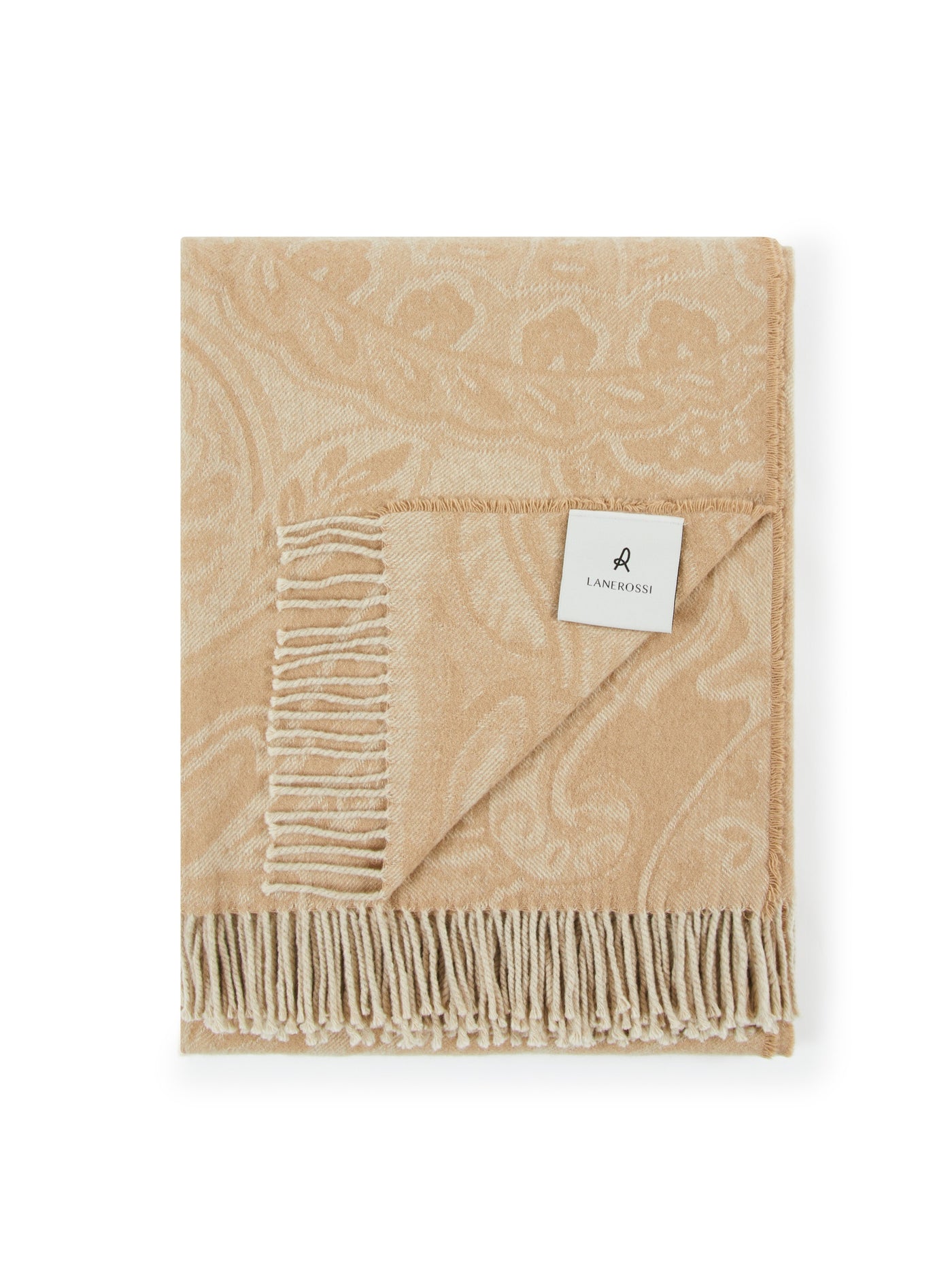 Lanerossi Bohémien throw in champagne, folded flat with jacquard floral pattern and fringe trim.