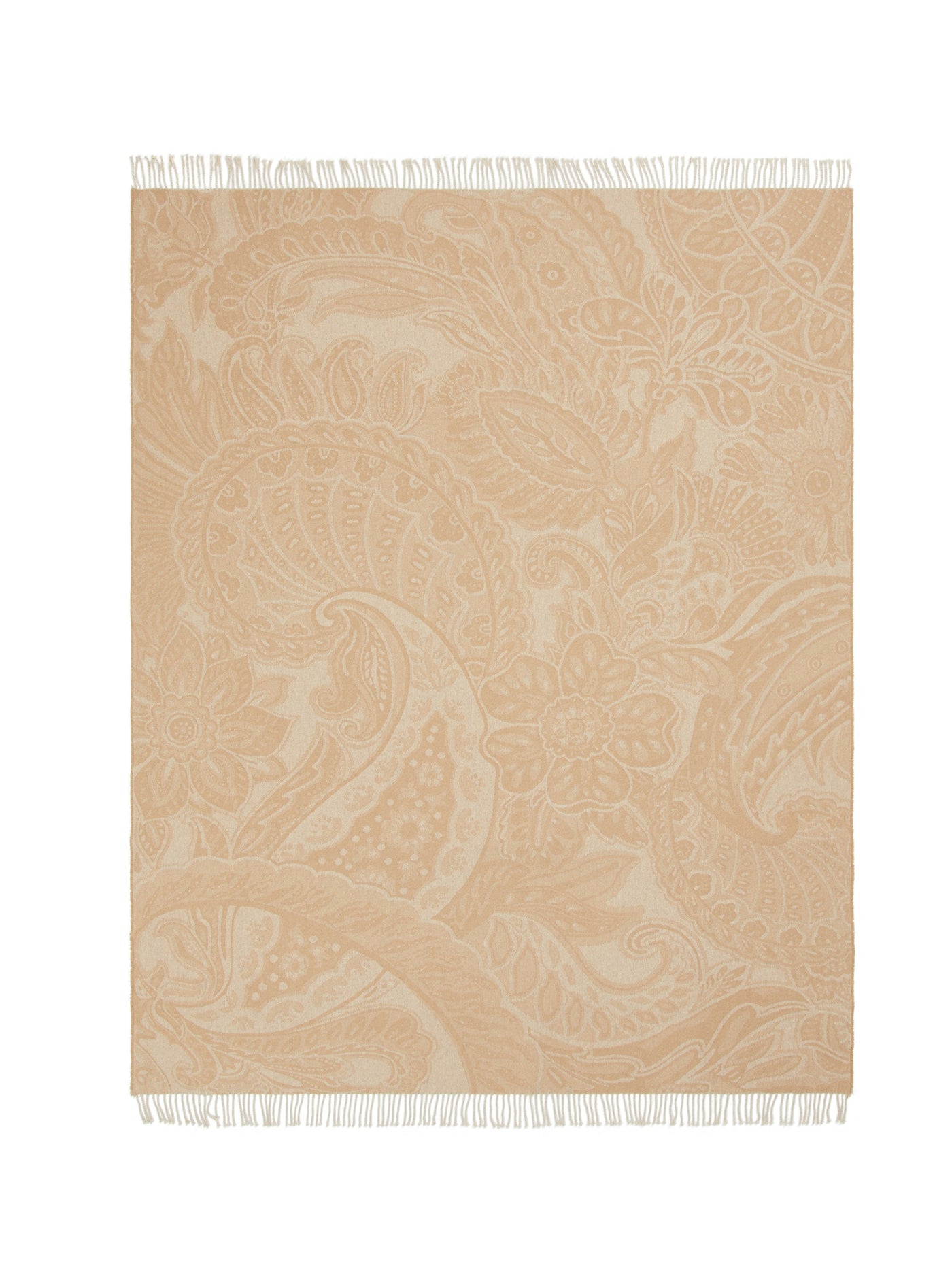 Lanerossi Bohémien throw in sand, woven paisley pattern with fringe trim, flat lay view.