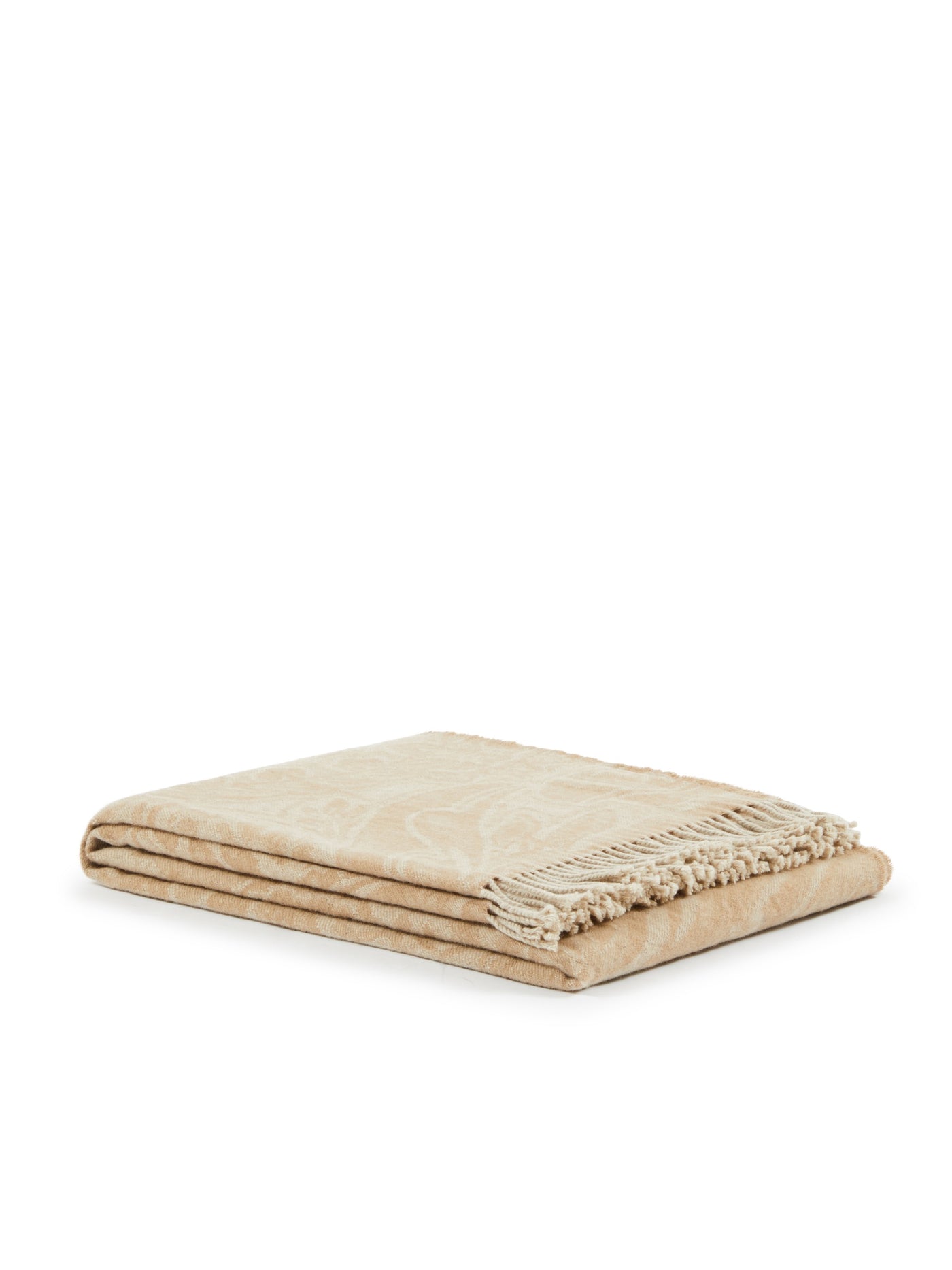 Lanerossi Bohémien throw folded, champagne jacquard pattern with knotted fringe edge.