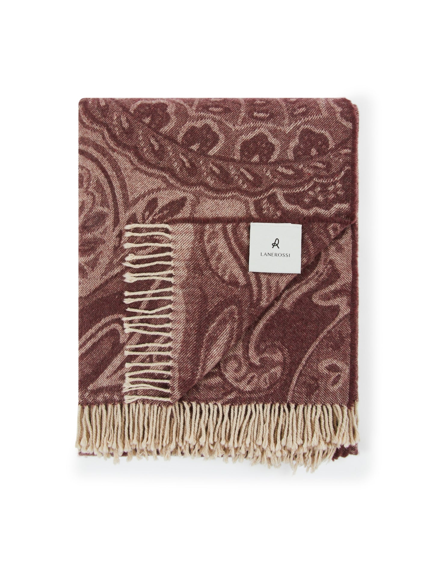 Lanerossi Bohémien throw folded flat, burgundy paisley jacquard with cream fringe trim.