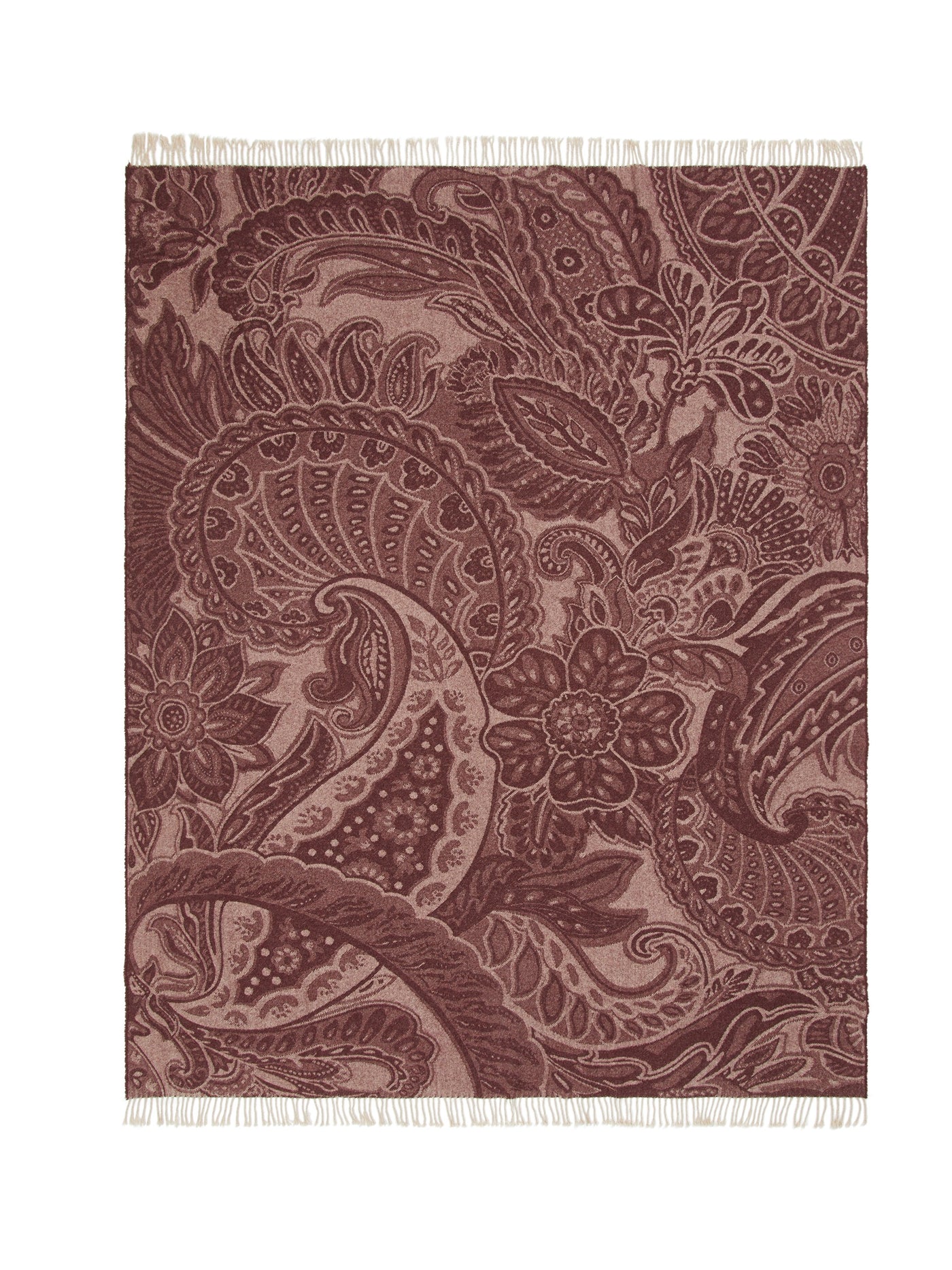 Lanerossi Bohémien throw in mauve, featuring tonal paisley jacquard with ivory fringe trim.