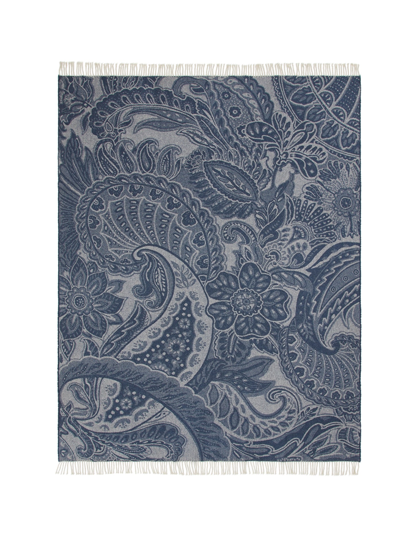 Lanerossi Bohémien throw in navy blue paisley jacquard with ivory fringe trim.