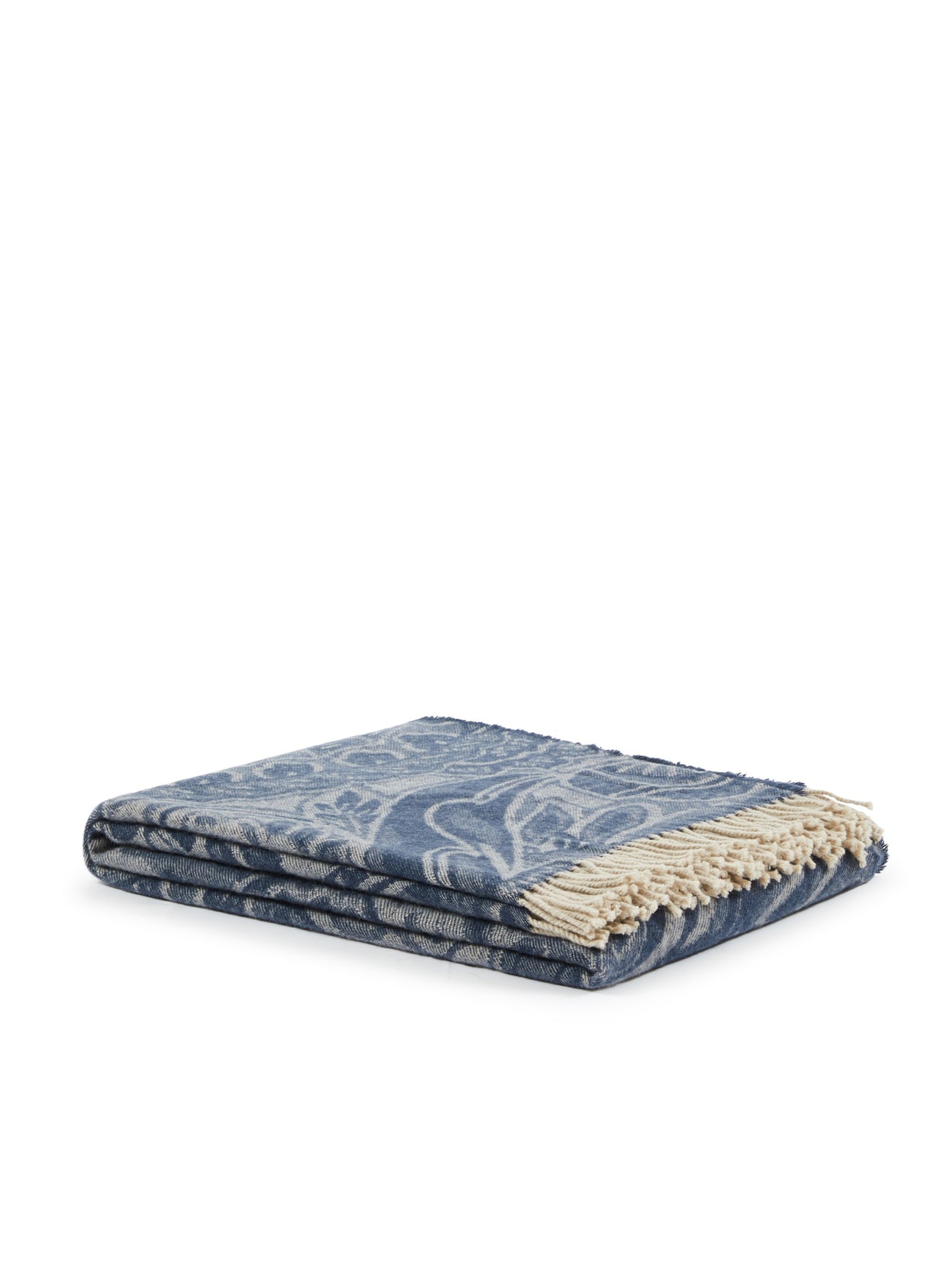 Lanerossi Bohémien throw folded flat, denim blue paisley pattern with ivory fringe trim.