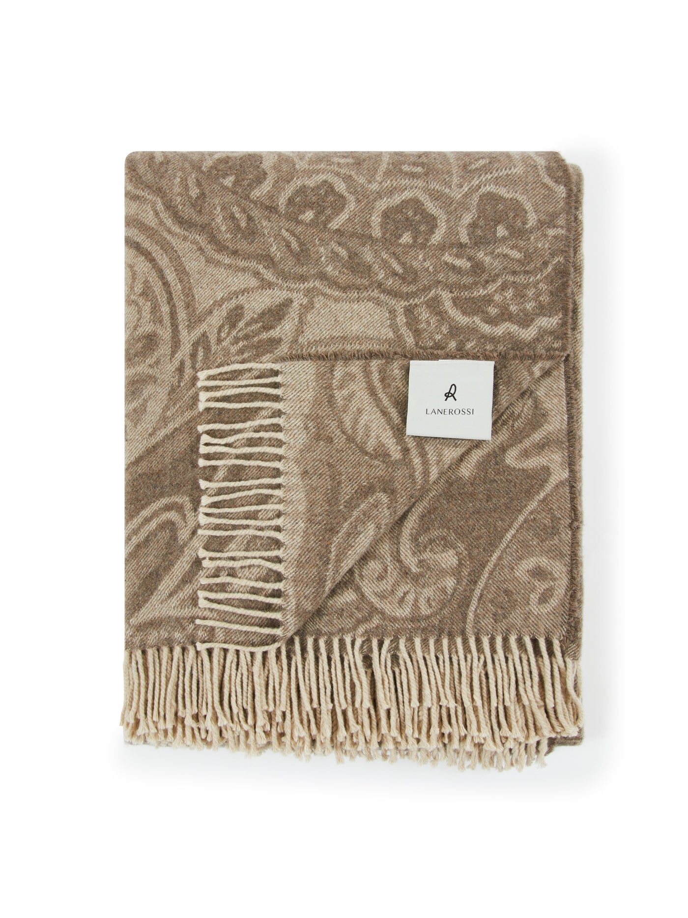 Lanerossi Bohémien throw folded flat, taupe paisley jacquard pattern with cream fringe trim.