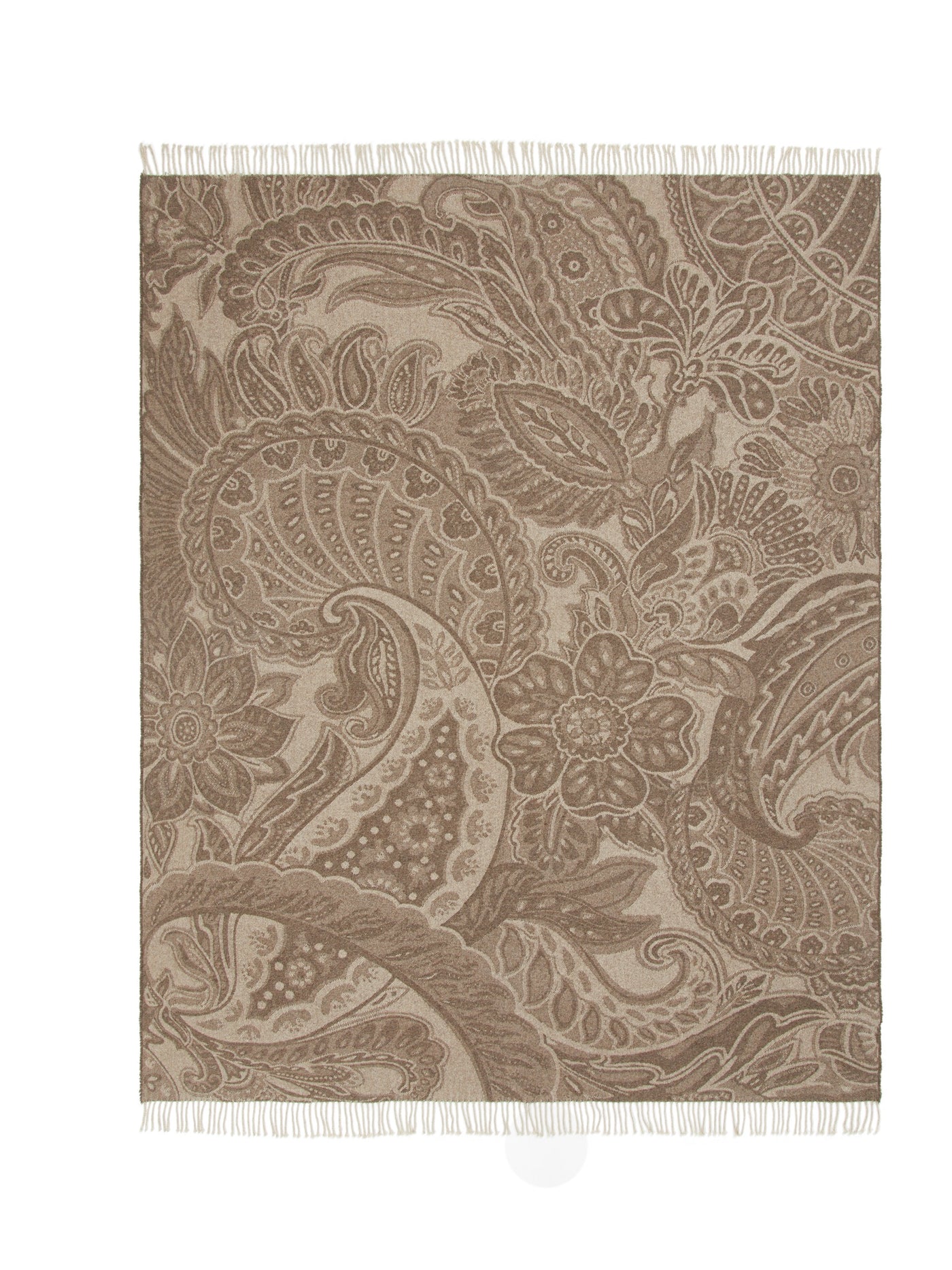 Taupe paisley throw with fringe trim, flat lay showing full floral jacquard pattern.