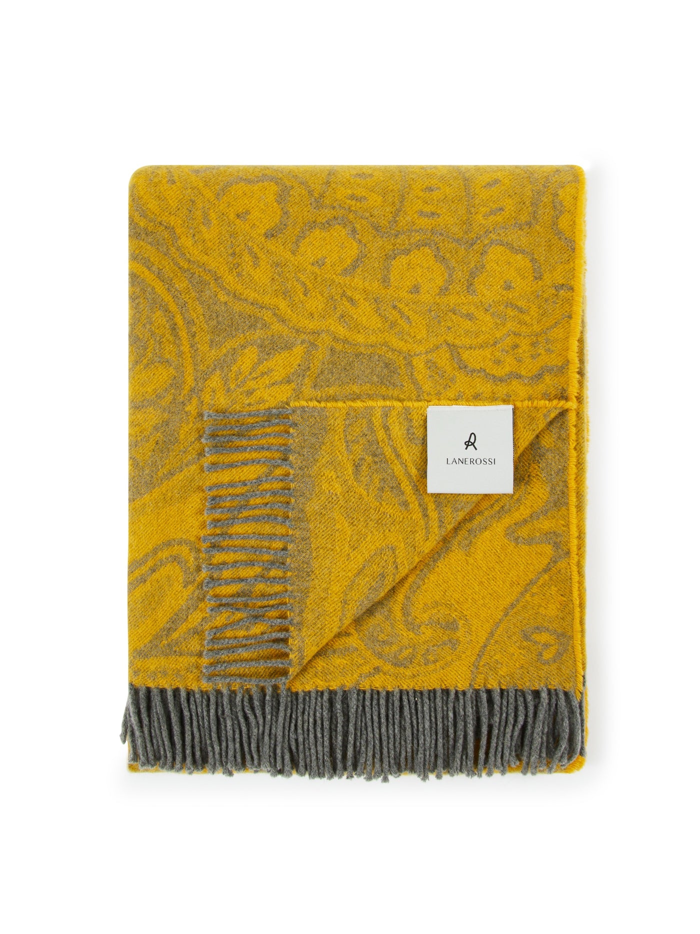 Lanerossi Bohémien throw folded, saffron paisley pattern with grey fringe and woven label.