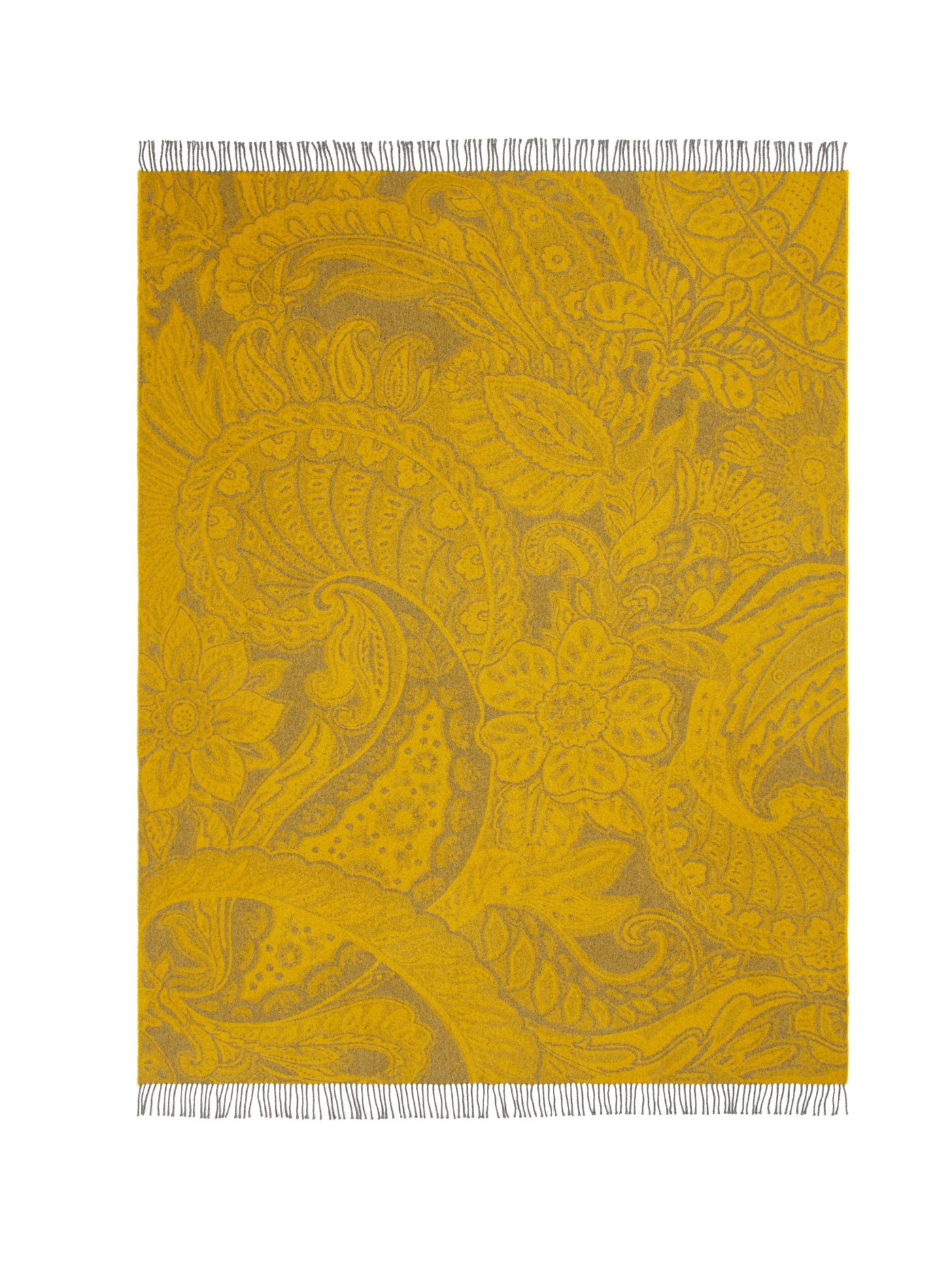 Lanerossi Bohémien throw in saffron with tone-on-tone floral jacquard pattern and fringe trim.