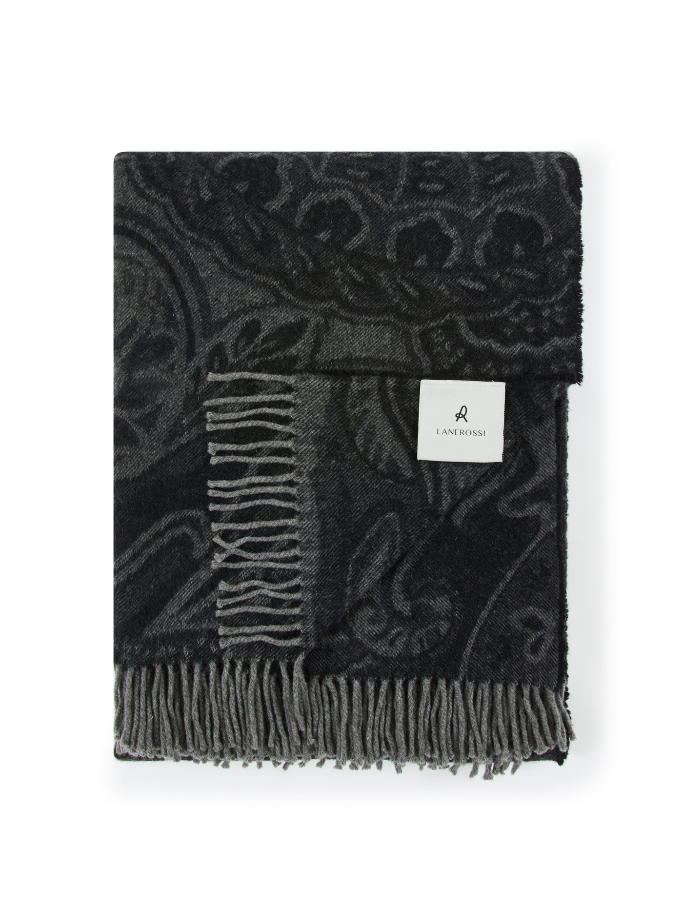 Lanerossi Bohémien throw in charcoal, folded to show paisley jacquard pattern and fringe trim.
